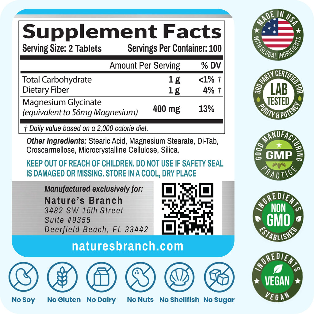 Magnesium Glycinate 400mg | 200 Tablets | High Absorption Mag Supplements for Sleep, Leg Cramps, Heart, Muscle, Calm | Non Buffered Bisglycinate, Extra Strength for Women and Men, Tablets Not Capsules NATURE'S BRANCH Au supplements