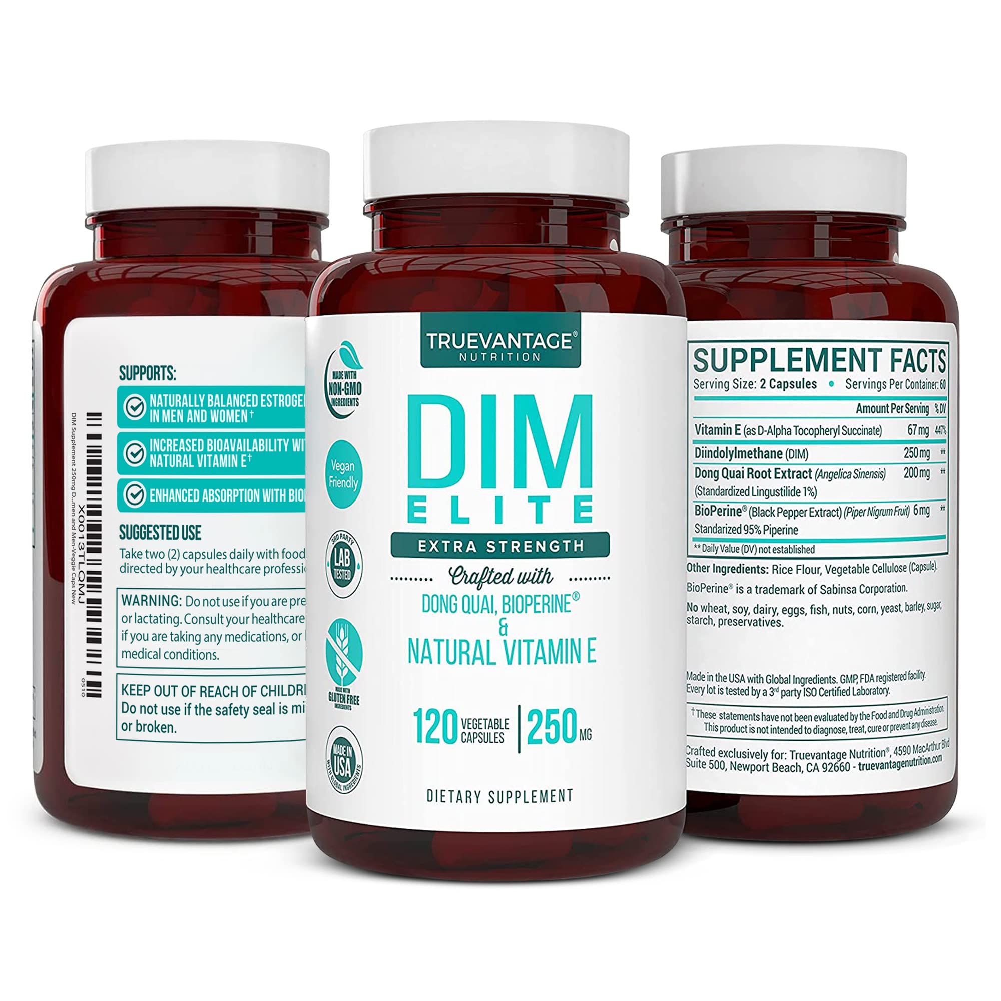 DIM Supplement 250mg (Diindolylmethane)-Plus Dong Quai, Natural Vitamin E & BioPerine - Supports Menopause Relief & Hormonal Acne -Hormone Balance Support for Women and Men-Veggie Caps Truevantage Nutrition Au supplements