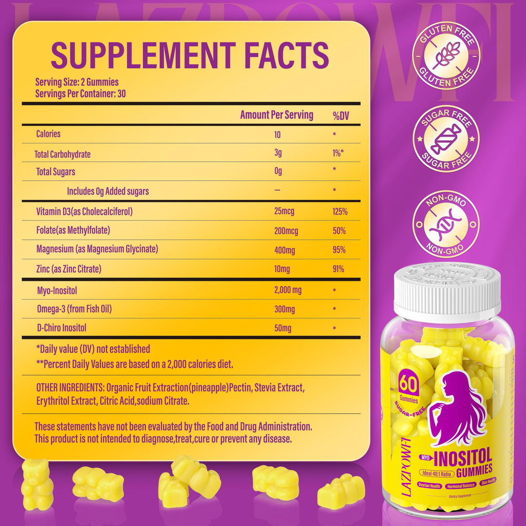 Lazpowfi Myo-Inositol & D-Chiro Inositol,Inositol Gummies with Vitamin D3, Magnesium Glycinate, Omega-3, Folate & Zinc, Inositol Supplement Menstrual Cycle for Women-40:1 Ratio-30 Day Supply Lazpowfi Au supplements