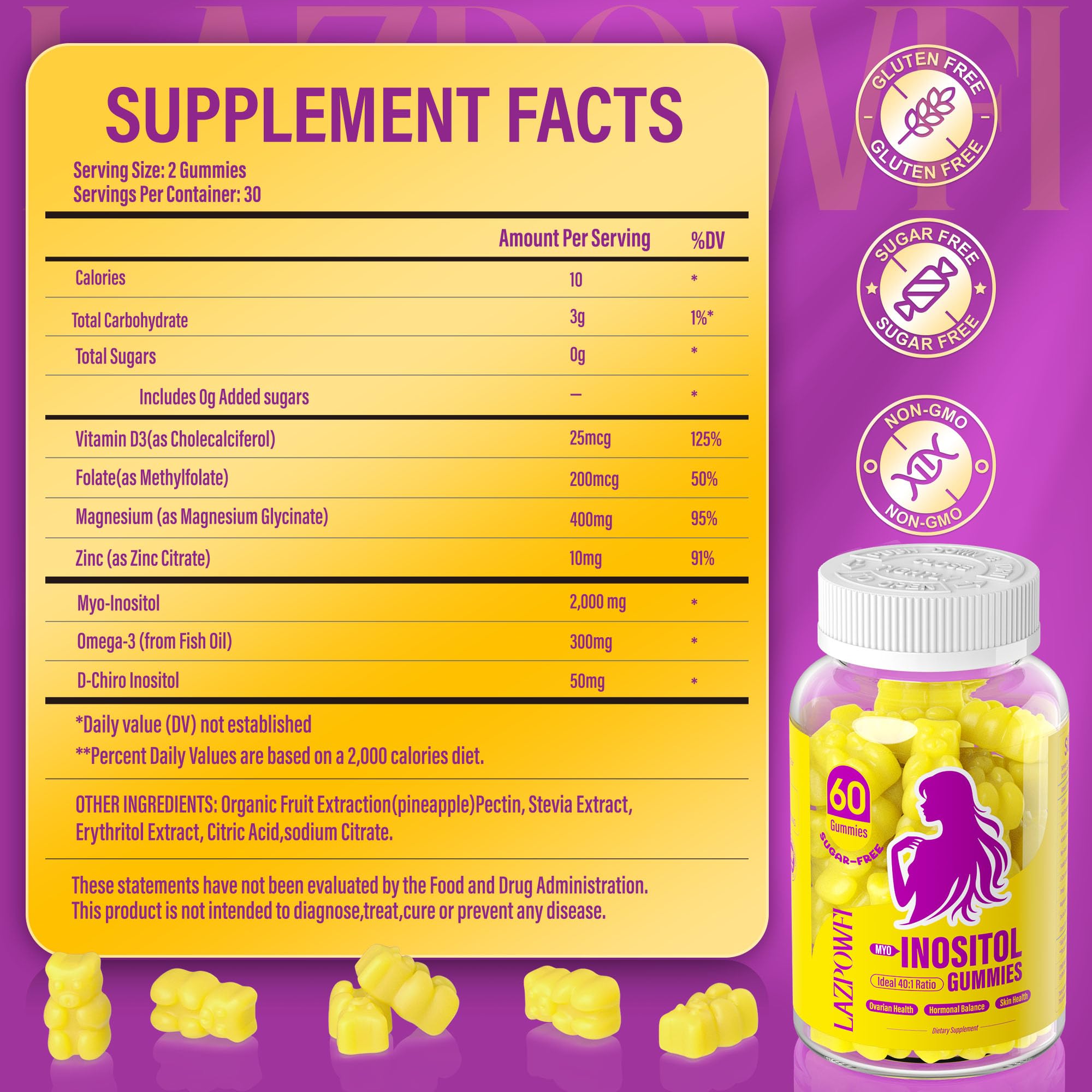 Lazpowfi Myo-Inositol & D-Chiro Inositol,Inositol Gummies with Vitamin D3, Magnesium Glycinate, Omega-3, Folate & Zinc, Inositol Supplement Menstrual Cycle for Women-40:1 Ratio-30 Day Supply Lazpowfi Au supplements