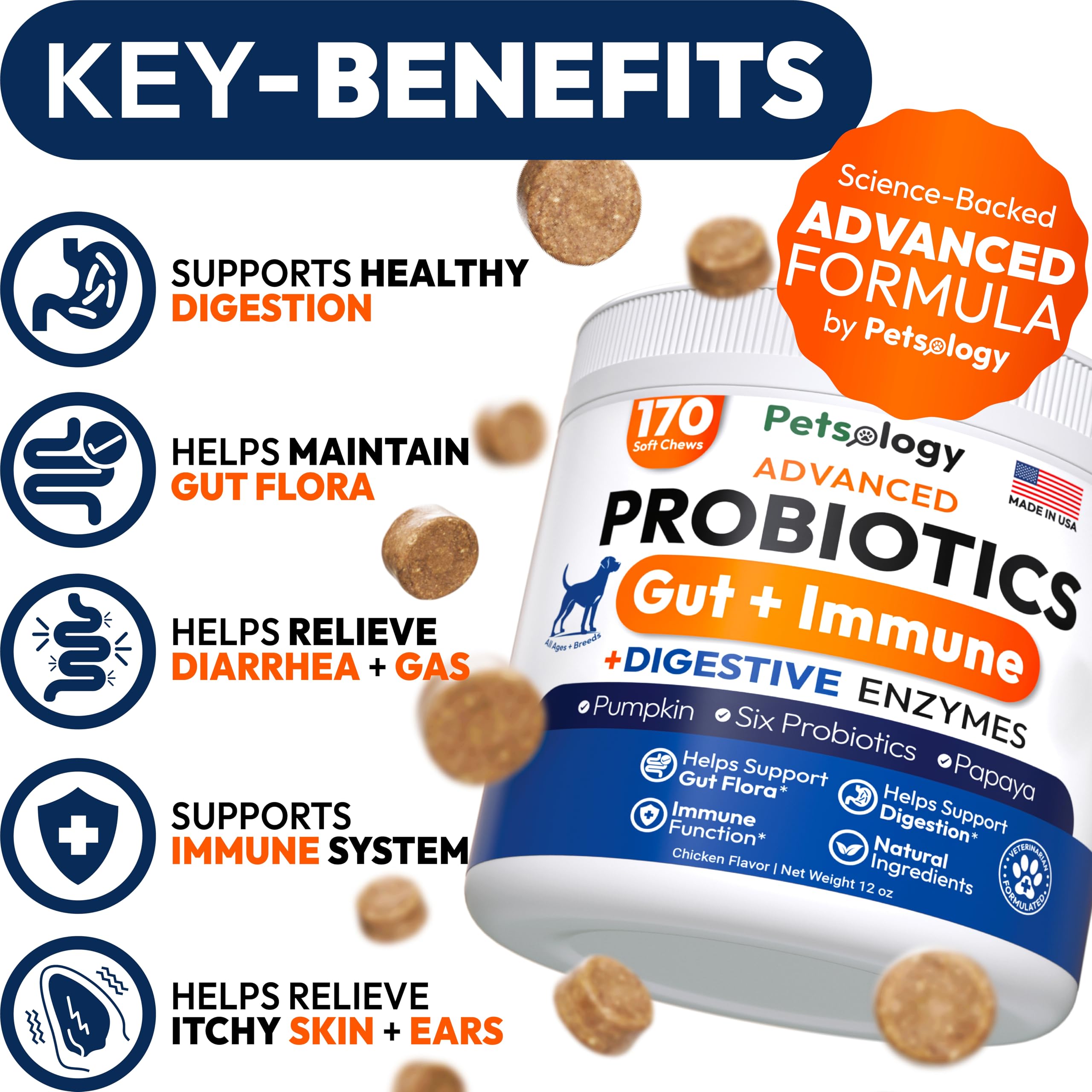 Probiotics for Dogs - 170 Dog Probiotics Chews - Digestive Enzymes & Prebiotics - Support Gut Health, Diarrhea, Gas & Constipation Relief - Itchy Skin, Allergies, Yeast Balance - Advanced Supplement Petsology Au supplements