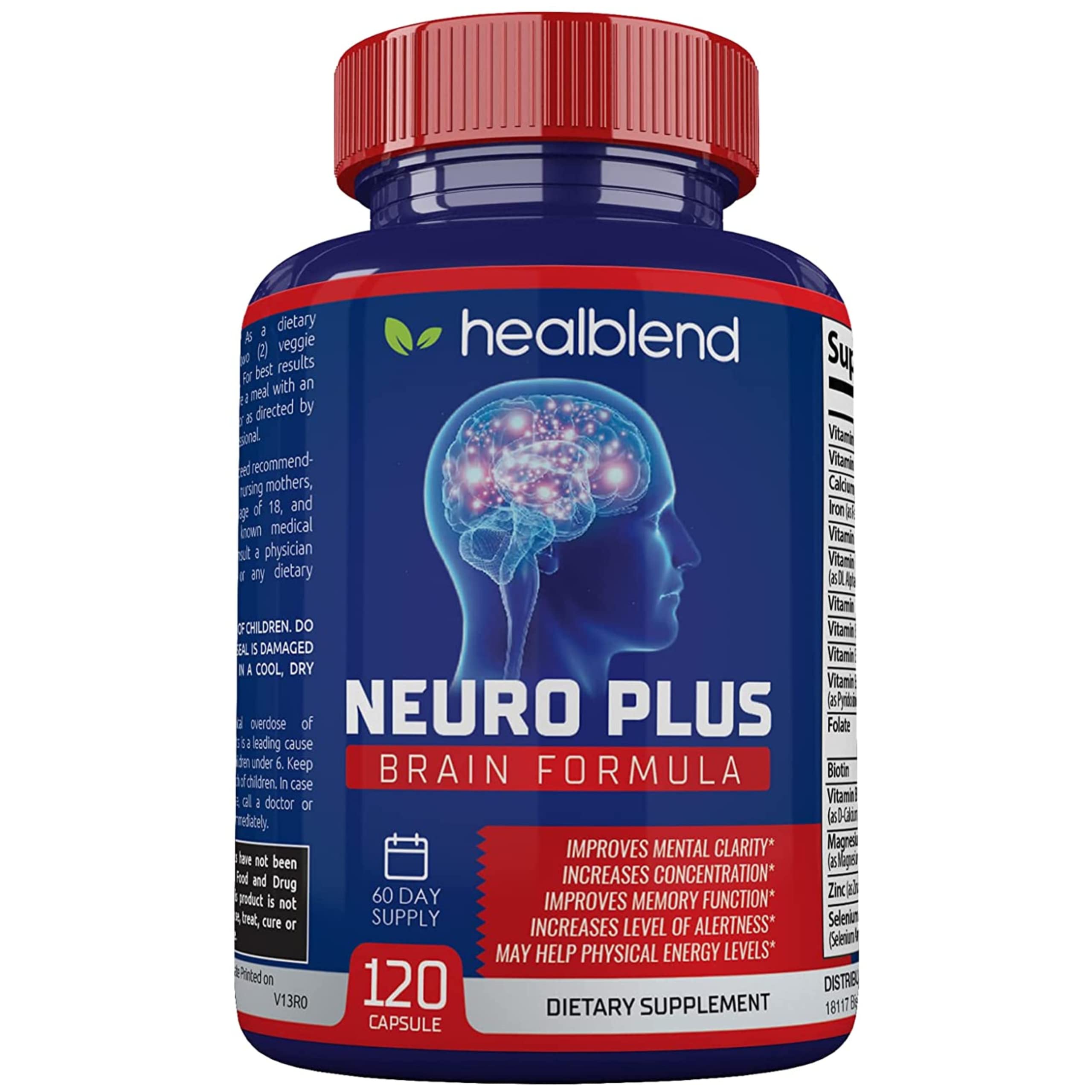 Neuro Plus Brain & Focus Formula - Nootropic Brain Booster Supplement, Supports Brain Health, Mental Clarity & Focus - Enhances Concentration & Mental Energy – 120 Capsules (1) healblend Au supplements