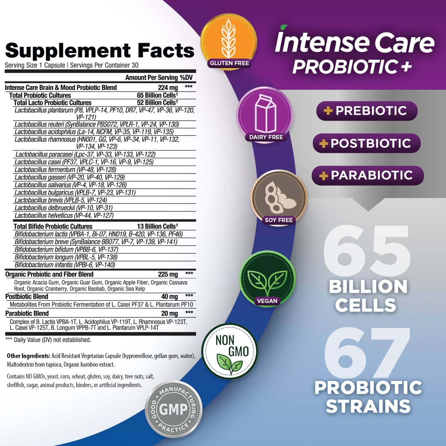 Vital Planet - Intense Care Brain & Mood Probiotics, Organic Prebiotics, Postbiotics, Parabiotics, Complete 4-in-1 Health Supplement for Adults, 65 Billion CFU, 67 Strains, Digestive and Immune 30 ct Vital Planet Au supplements