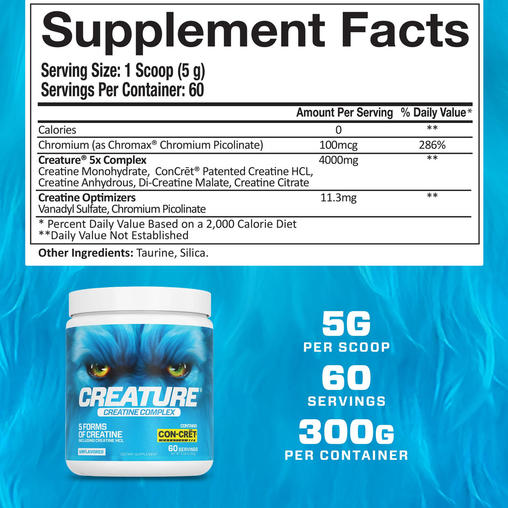 CREATURE® Creatine Complex - Creatine Monohydrate Powder with 5 Types of Creatine Including Con-Crēt® Creatine HCL, Promotes Muscle, Strength, Endurance, Brain Health, Unflavored, 300g 60 Servings CREATURE Au supplements