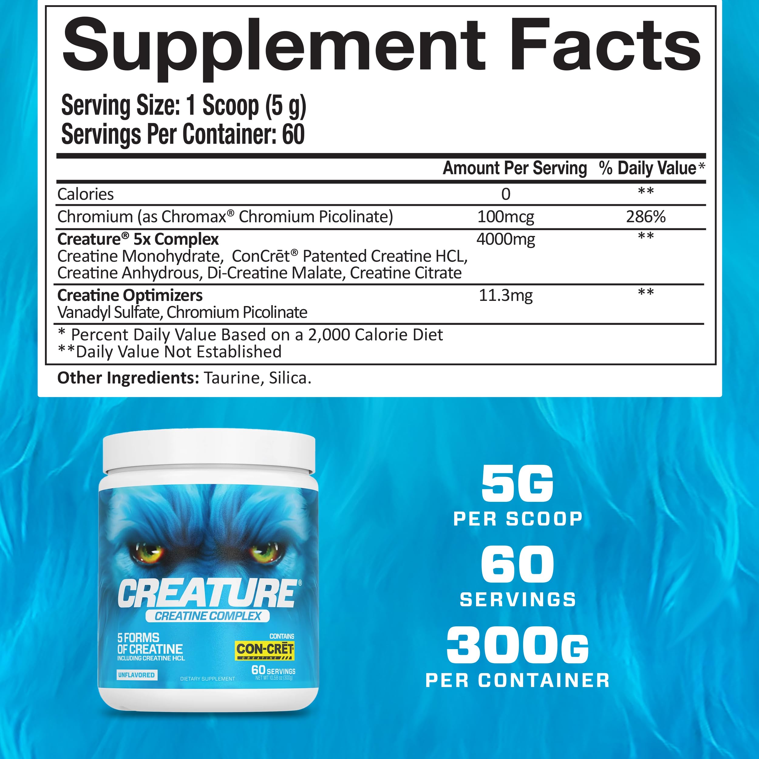 CREATURE® Creatine Complex - Creatine Monohydrate Powder with 5 Types of Creatine Including Con-Crēt® Creatine HCL, Promotes Muscle, Strength, Endurance, Brain Health, Unflavored, 300g 60 Servings CREATURE Au supplements