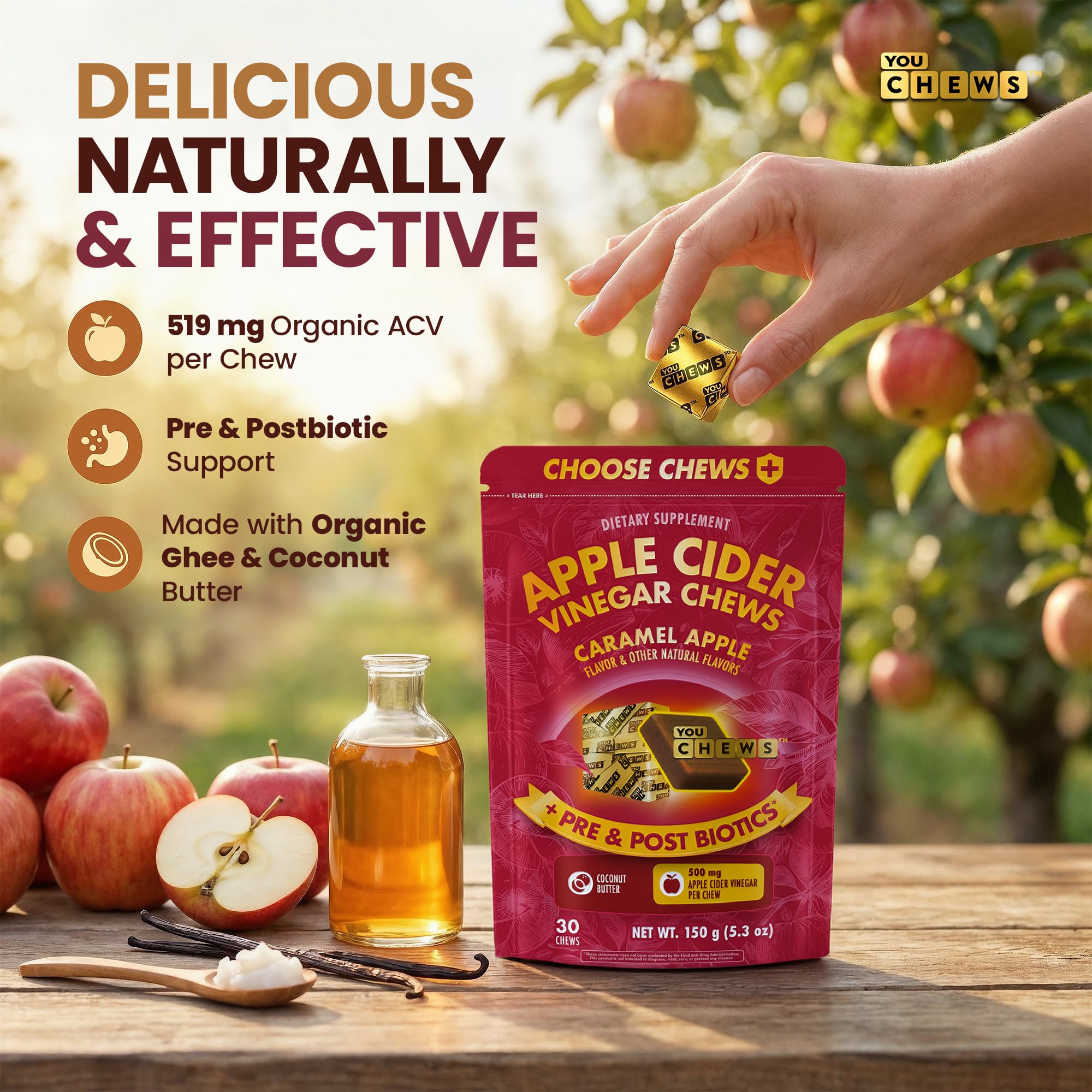 YouChews Apple Cider Vinegar Chews Better Than Apple Cider Gummies - Bloating Relief for Women and Men, 500mg Organic ACV with Prebiotics & Postbiotics, Low Sugar, Caramel Flavor, 30 Count YouChews Au supplements
