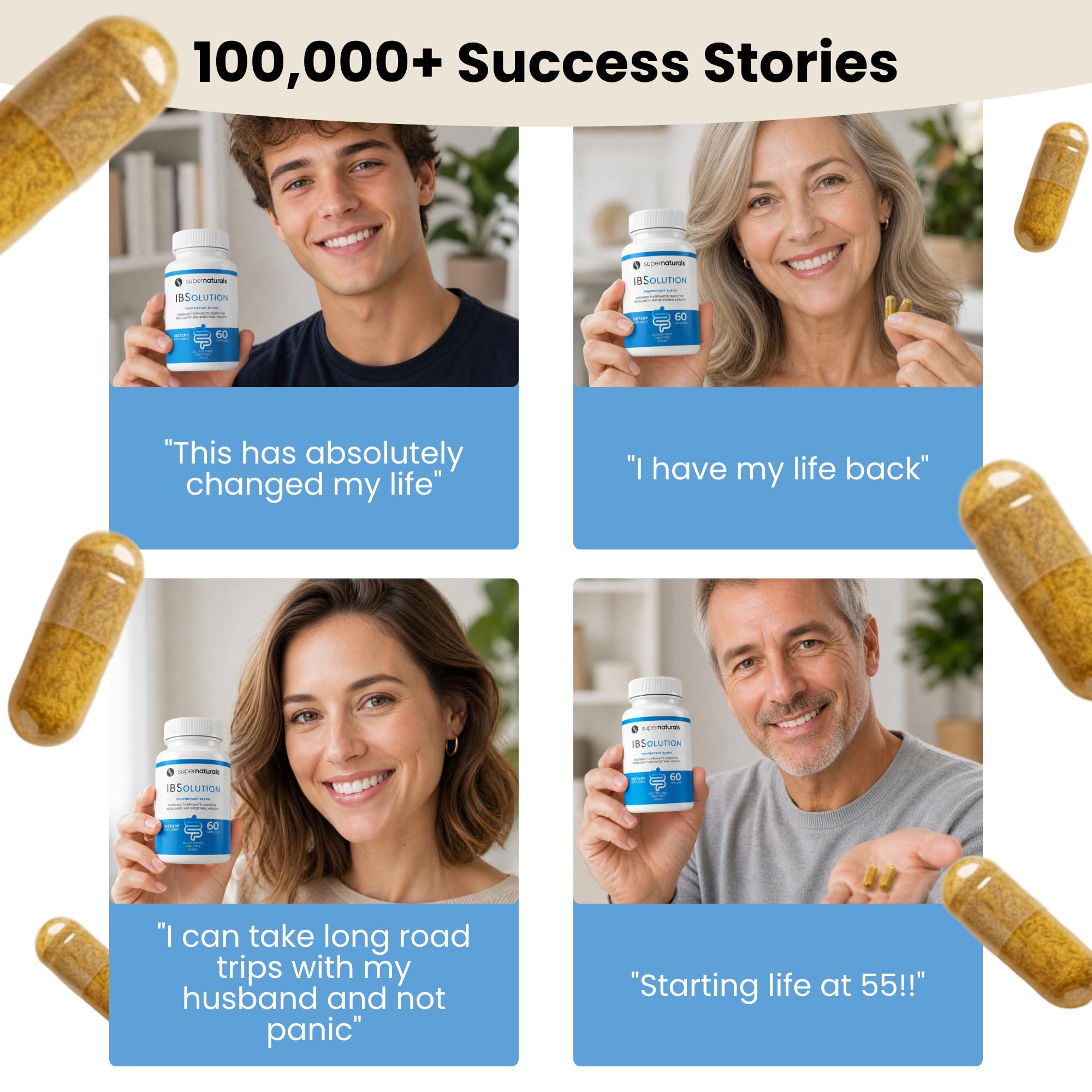 SuperNaturals IBSolution - Made in USA, Non-GMO, Gluten Free & Vegan (60 Capsules) - Digestive Gut Health Supplement With Psyllium Husk - Gas, Bloating, Diarrhea