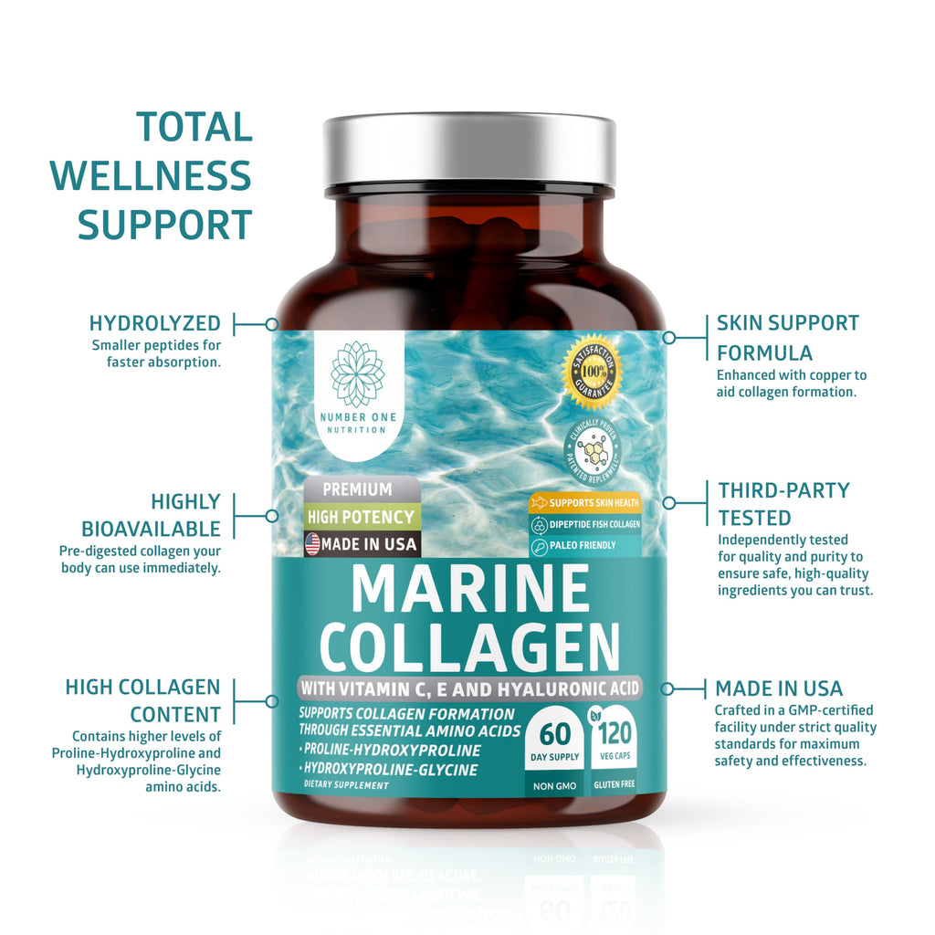 Hydrolyzed Marine Collagen with Hyaluronic Acid, Vitamin C, Theaflavin and Copper, Collagen Supplement for Women and Men for Radiant Skin, Hair & Nails,