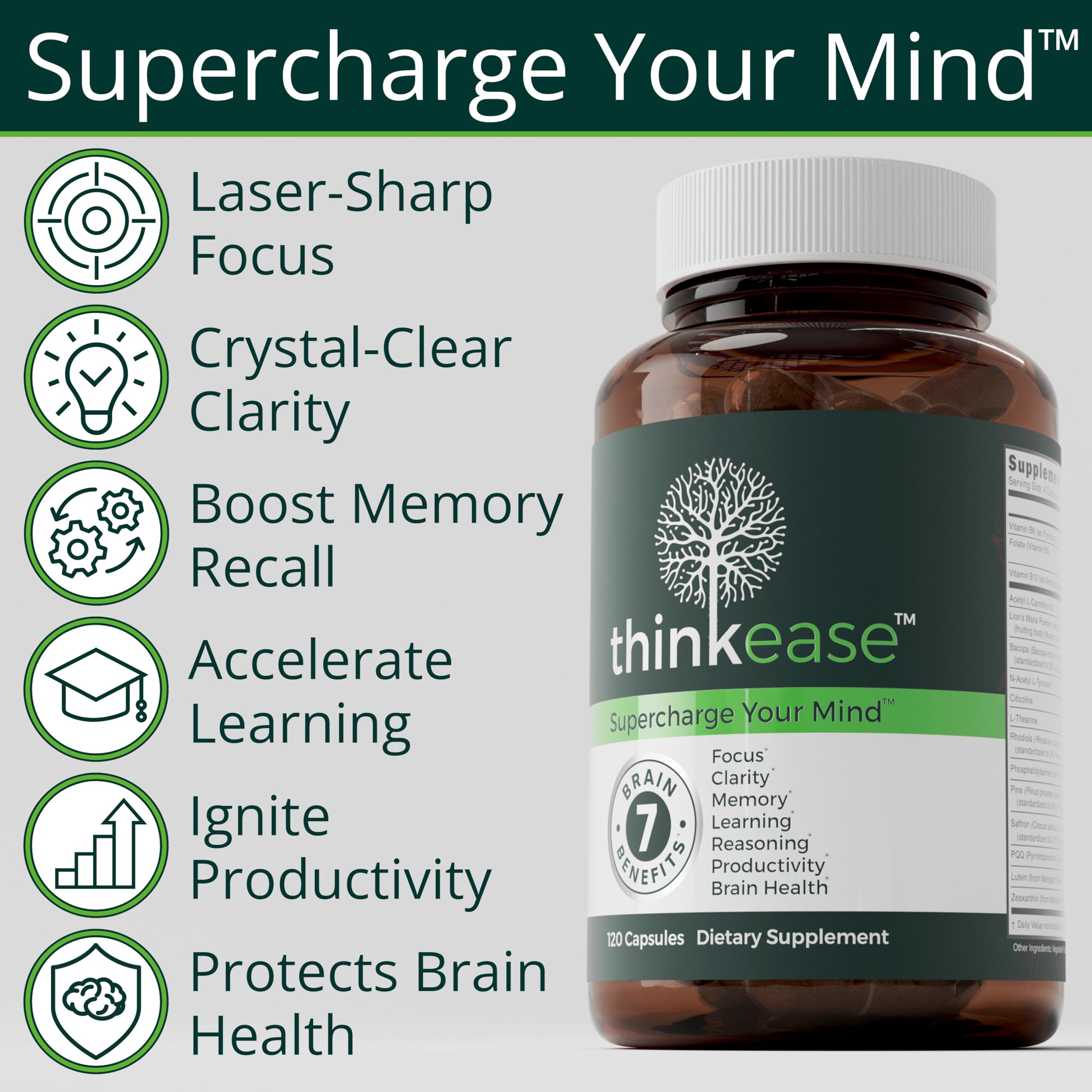 ThinkEase Brain Supplement (120 Capsules) | Memory, Mental Clarity, Focus, Cognitive Performance | Nootropic Supplement with L-Theanine, Acetyl L-Carnitine, Phosphatidylserine, Lion's Mane & More ThinkEase Au supplements
