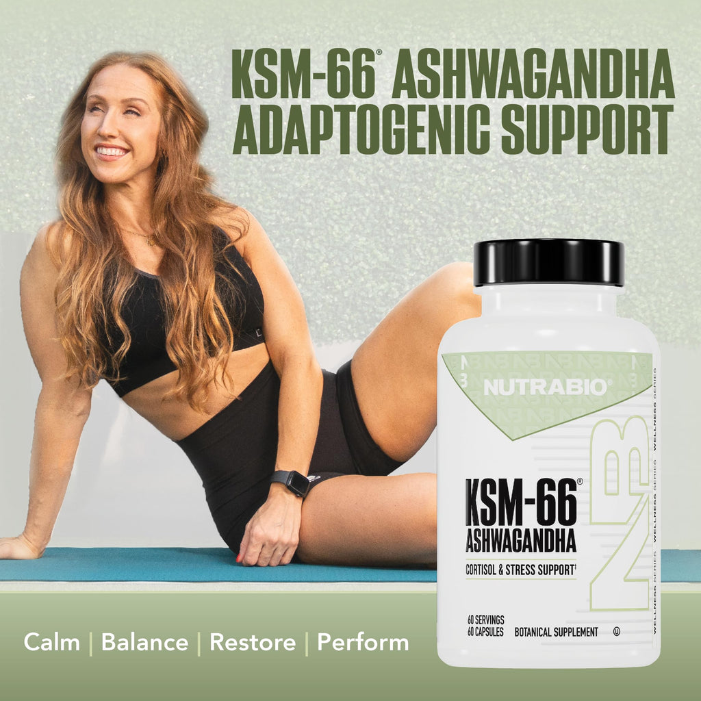 NutraBio Ashwagandha KSM-66 | Ashwagandha Herbal Supplement for Stress, Mood, & Performance | 600 MG of Clinically Studied KSM66 60 Capsules NutraBio Au supplements