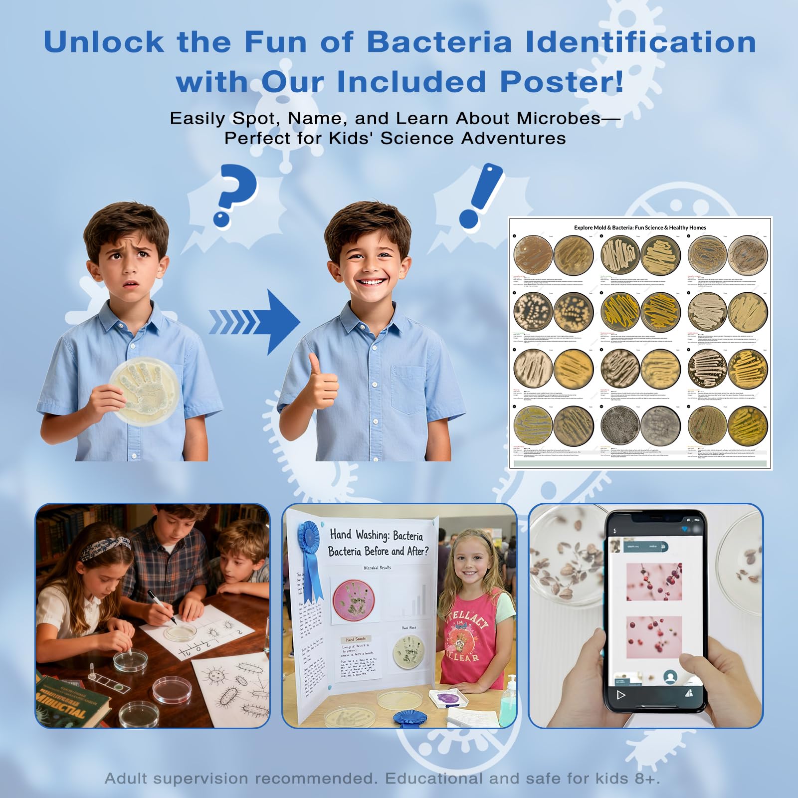 Giant Microbiology Bacteria Science Kit for Kids:2 XL 150mm Prepoured Nutrient Agar Plates, Petri Dishes with Agar & Colony Characteristics Poster for School Projects & Educational Gifts Mosynex Au supplements