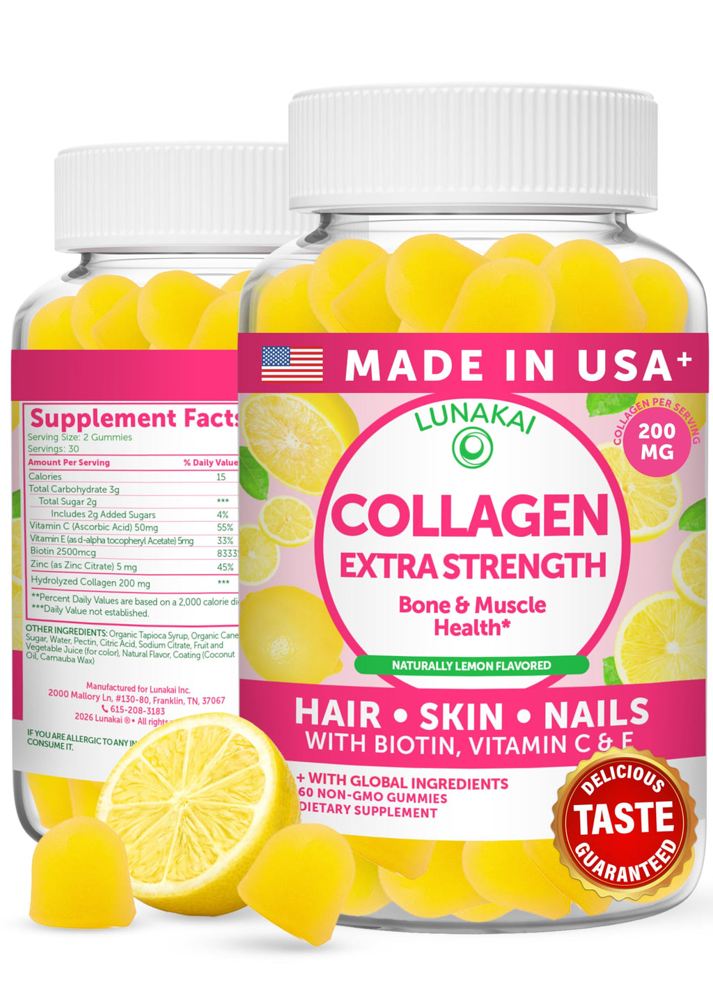Lunakai USA Made Collagen Peptides Gummies - 200mg Non-GMO Anti-Aging Formula with Biotin, Zinc, Vitamins C