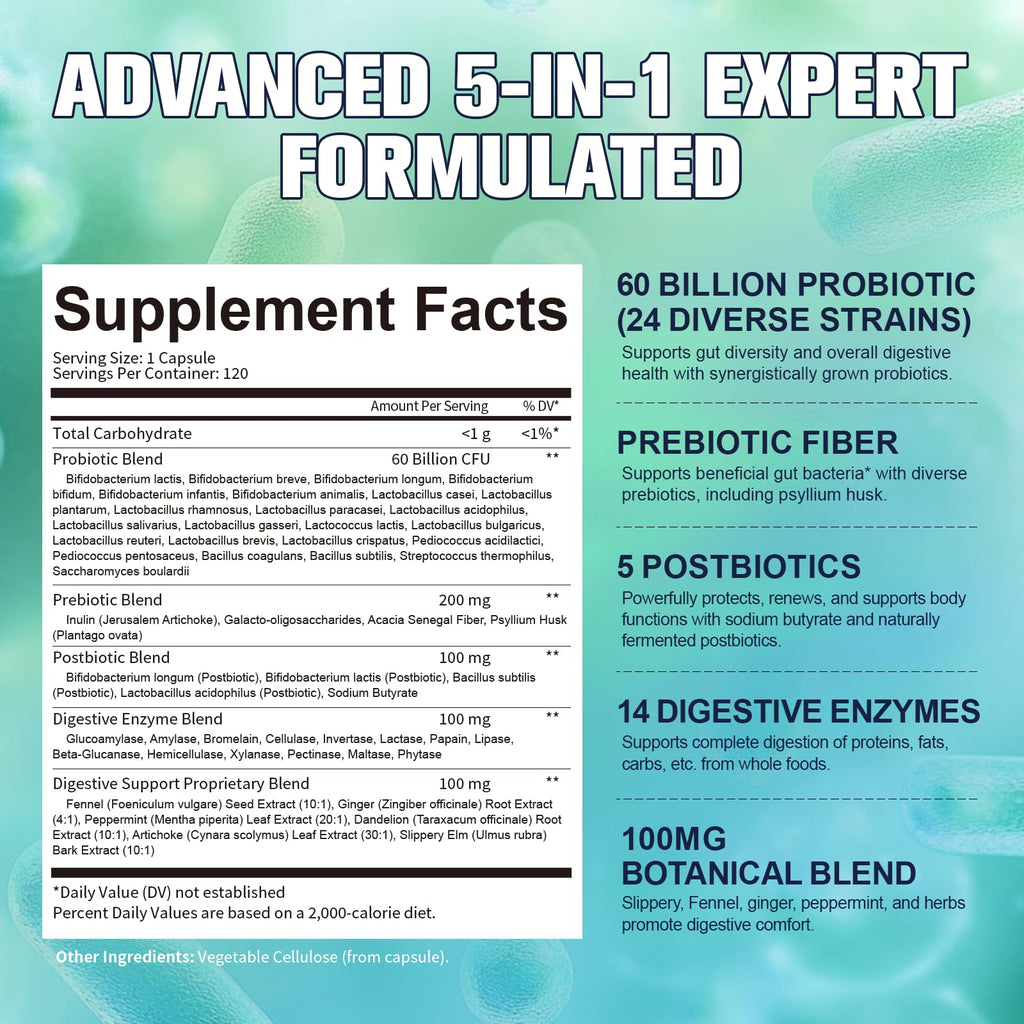 Totaria 5-in-1 60 Billion CFU Probiotic Prebiotic & Postbiotic for Women & Men, w/Digestive Enzymes, Slippery Elm, Daily Complete Gut Health,