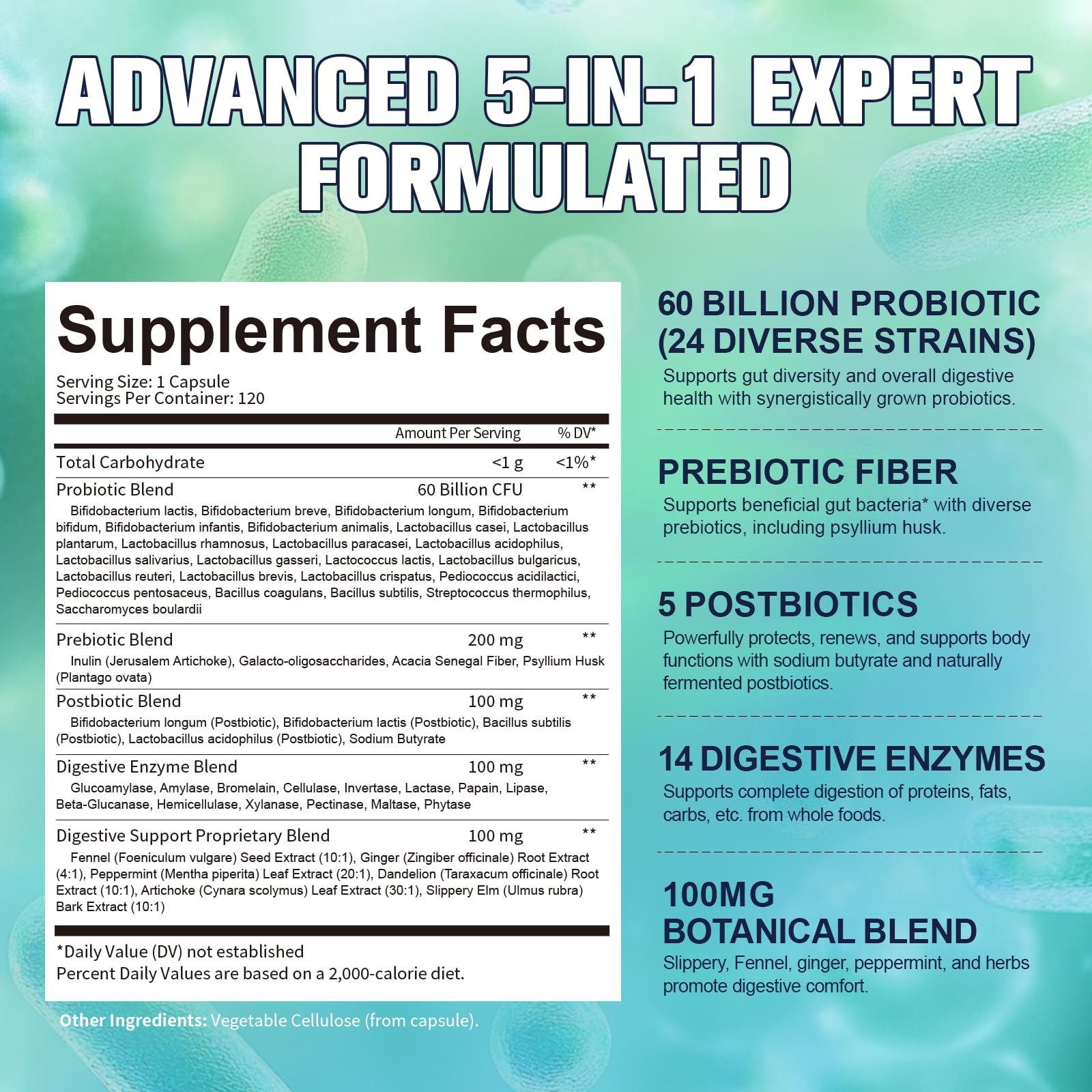 Totaria 5-in-1 60 Billion CFU Probiotic Prebiotic & Postbiotic for Women & Men, w/Digestive Enzymes, Slippery Elm, Daily Complete Gut Health,