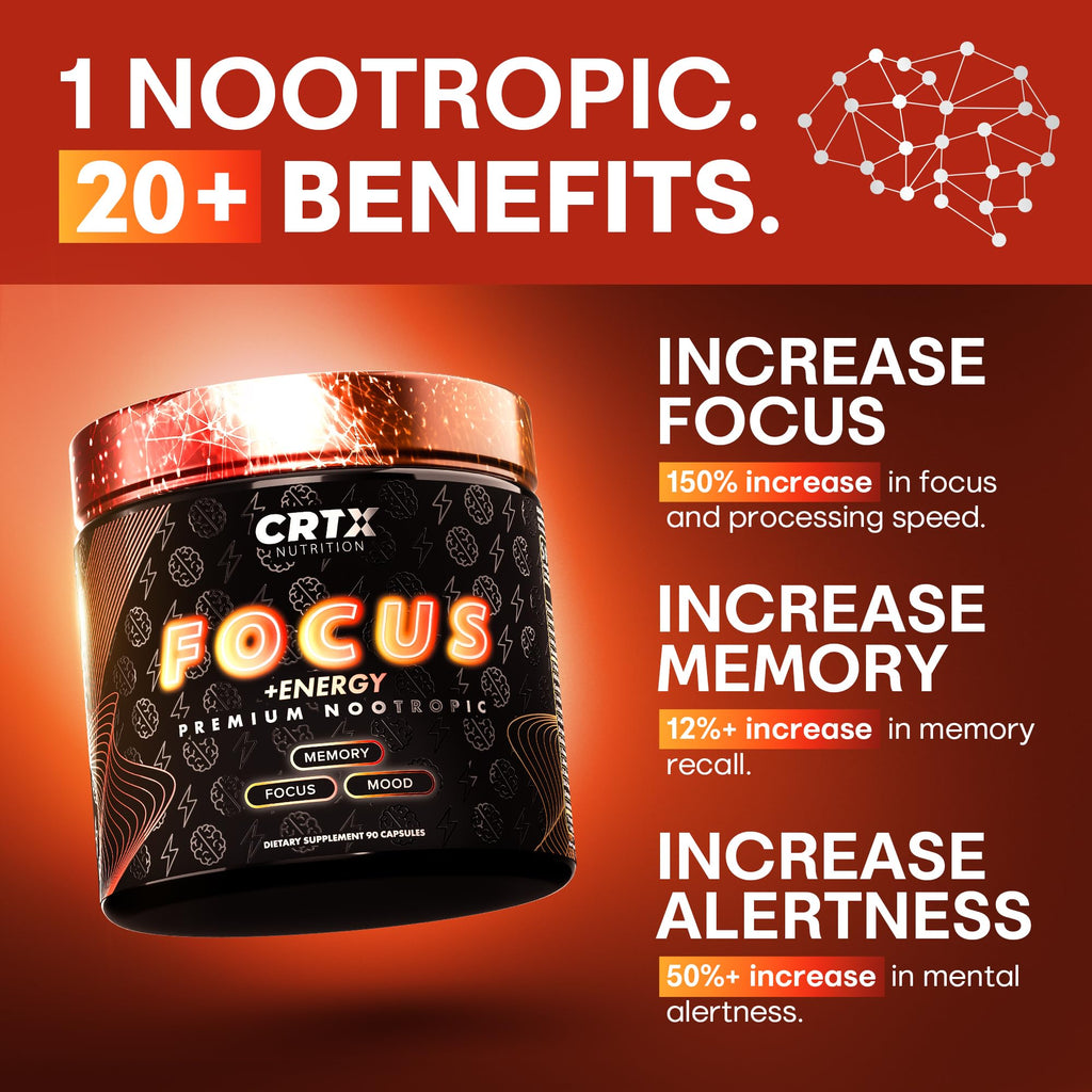 Nootropic Strongest Focus Supplement - Clinically Backed Ingredients Made in USA - Scientifically Backed Doses - Supplement for Brain Fog - AlphaGPC, Lions Mane, Rhodiola and More 10:1 90 Capsules CRTX Nutrition Au supplements