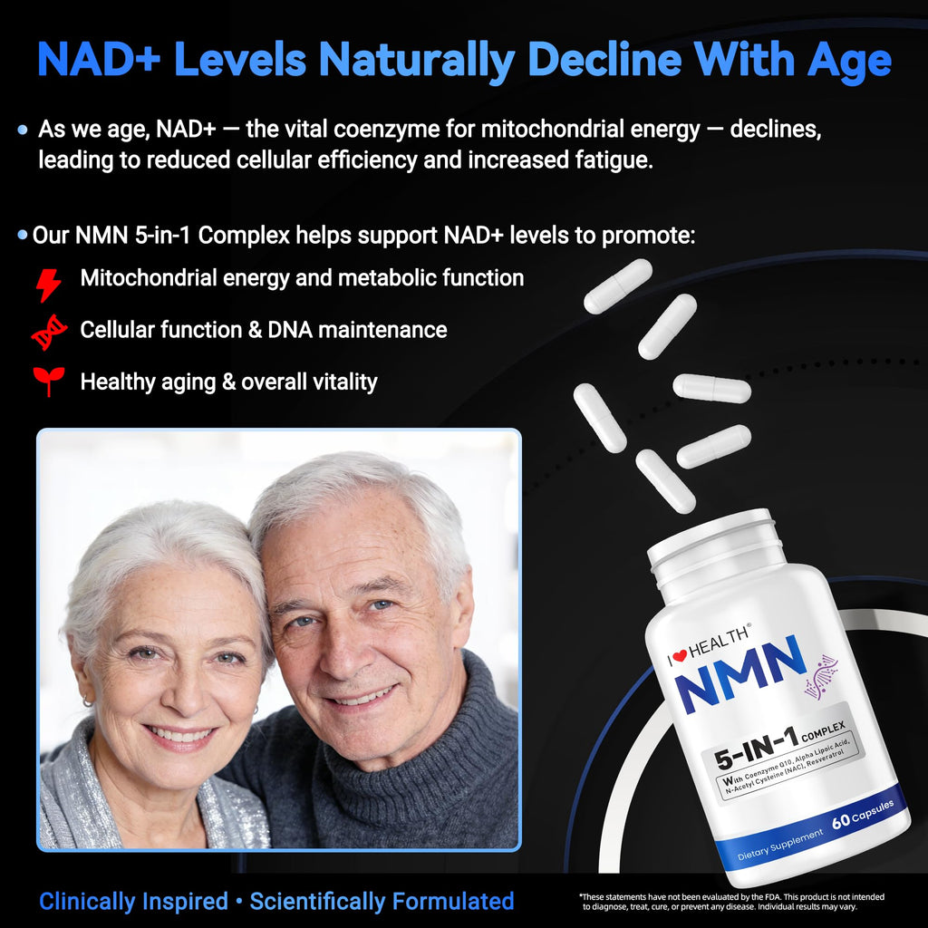 I LOVE HEALTH NMN Supplement, 5-in-1 Complex with NAC, Alpha Lipoic Acid, CoQ10 & Resveratrol - High Absorption Anti Aging Formula - Third Party Tested, cGMP, Gluten Free - 60 Capsules I LOVE HEALTH Au supplements