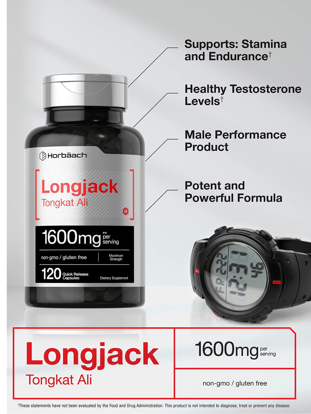 Longjack Tongkat Ali 1600 mg | 120 Capsules | Longifolia Root Extract Powder | Maximum Horbäach Au supplements