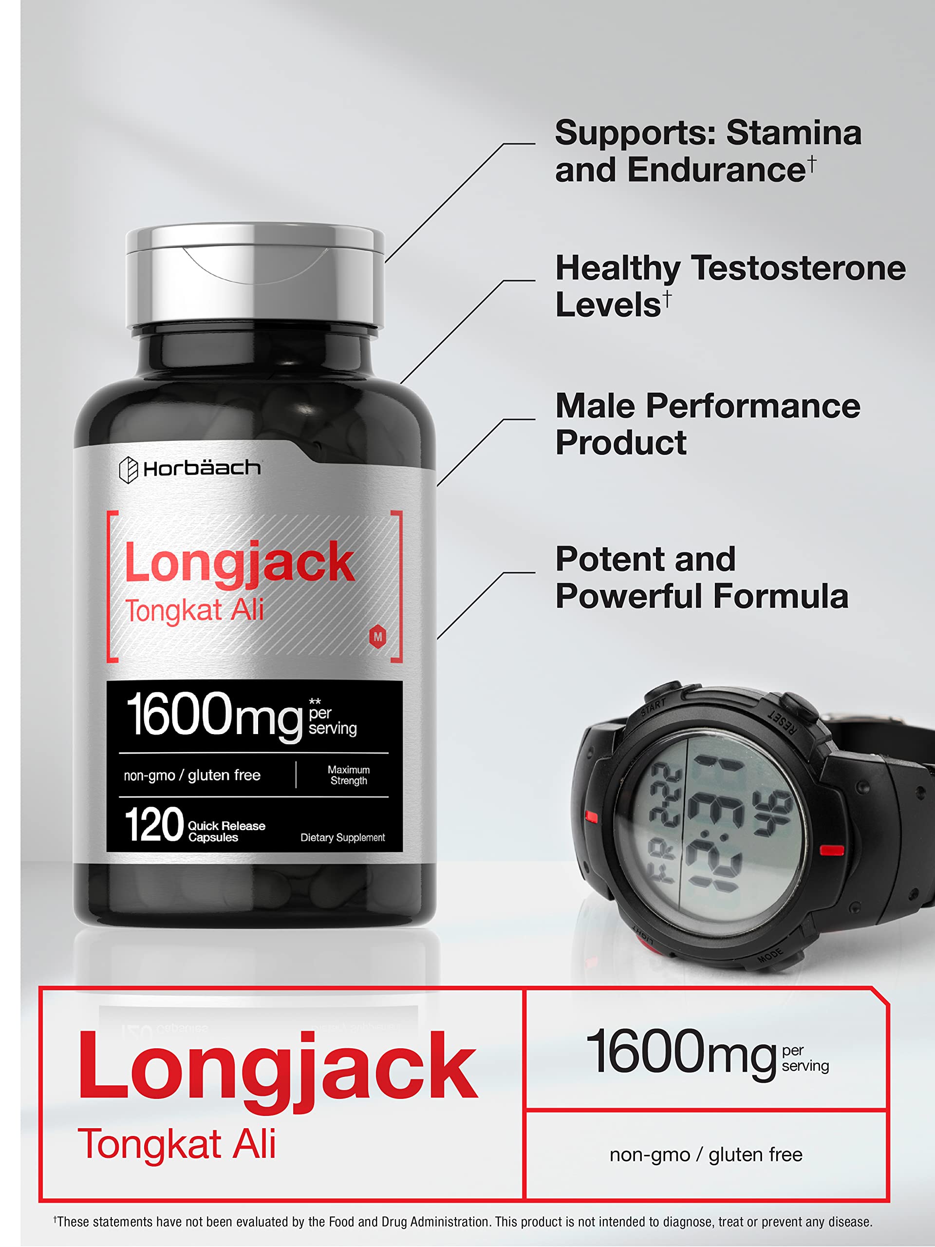 Longjack Tongkat Ali 1600 mg | 120 Capsules | Longifolia Root Extract Powder | Maximum Horbäach Au supplements