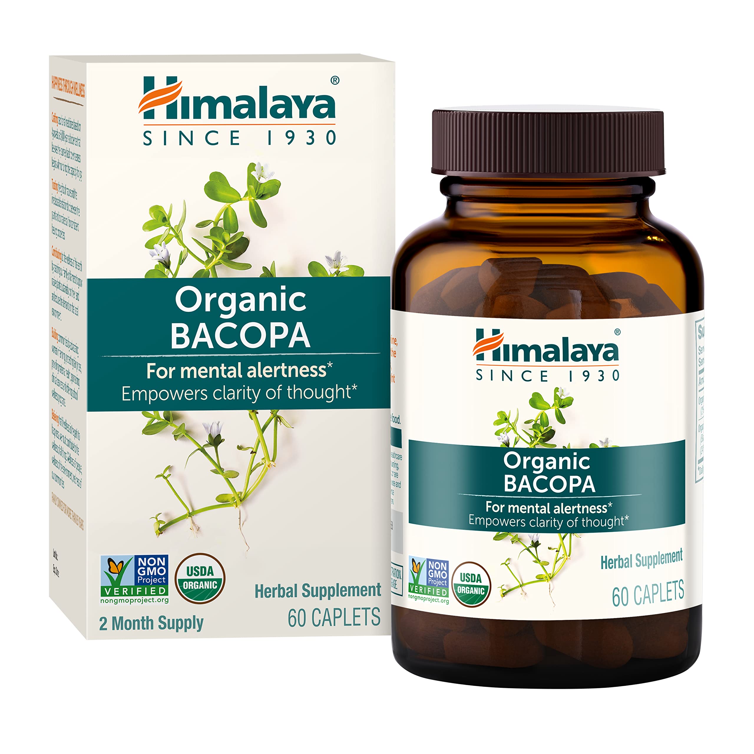 Himalaya Bacopa Monnieri Nootropic Herbal Supplement, Supports Calm, Memory, Cognition, USDA Certified Organic, Non-GMO, 750 mg, 60 Plant-Based Caplets, 60 Day Supply Himalaya Au supplements