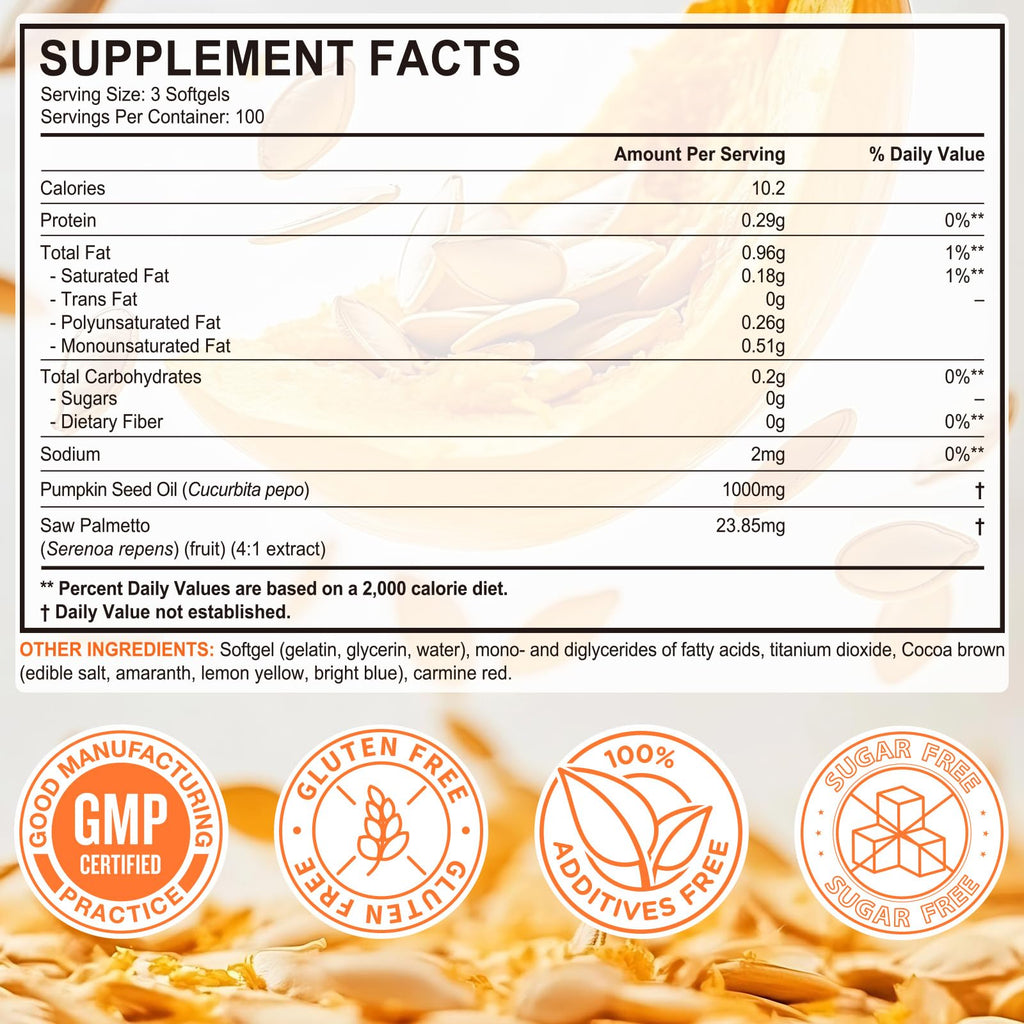 Pumpkin Seed Oil with Saw Palmetto, 1000mg per Serving, 300 Softgels – Cold Pressed Pumpkin Seed Oil Capsules for Hair, Prostate, Urinary & Bladder Health