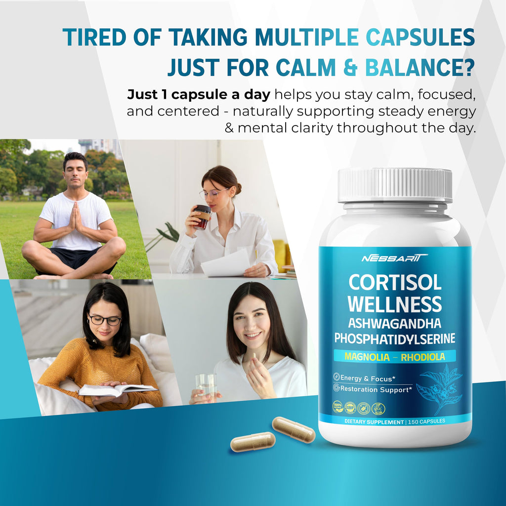 CORTISOL Wellness Ashwagandha 14-in-1 Natural Blend with Phosphatidylserine Magnolia Rhodiola St. John's Wort Peppermint Bacopa - 150 Count NESSARIT Au supplements