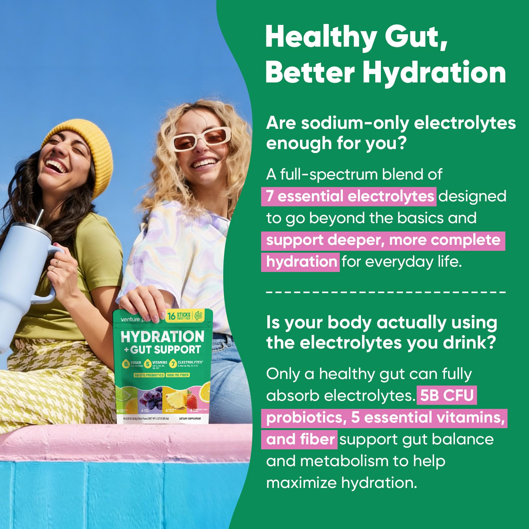 Venture Pal 2-in-1 Hydration Packets + Gut Health Electrolytes Powder - 7 Electrolytes & 5 Vitamins, Probiotics