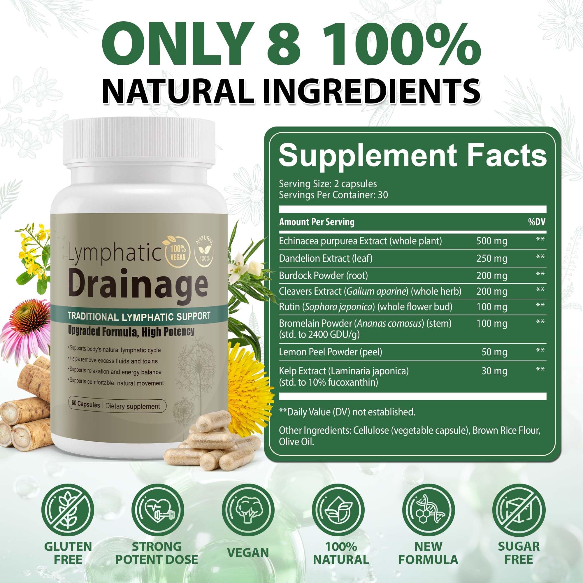 Lymphatic Drainage Capsules Natural Herbal Supplement for Immune Health & Fluid Balance, with Echinacea, Dandelion, and Burdock 60 Capsules