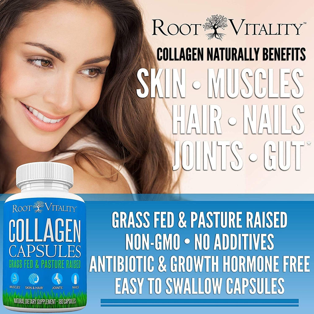 Root Vitality Collagen Peptides Capsules - Grass-Fed, Pasture-Raised Hydrolyzed Protein Supplement for Skin, Hair, & Nails - Non-GMO, Zero Sugar Daily Pills for Men & Women (180 Capsules) Root Vitality Au supplements