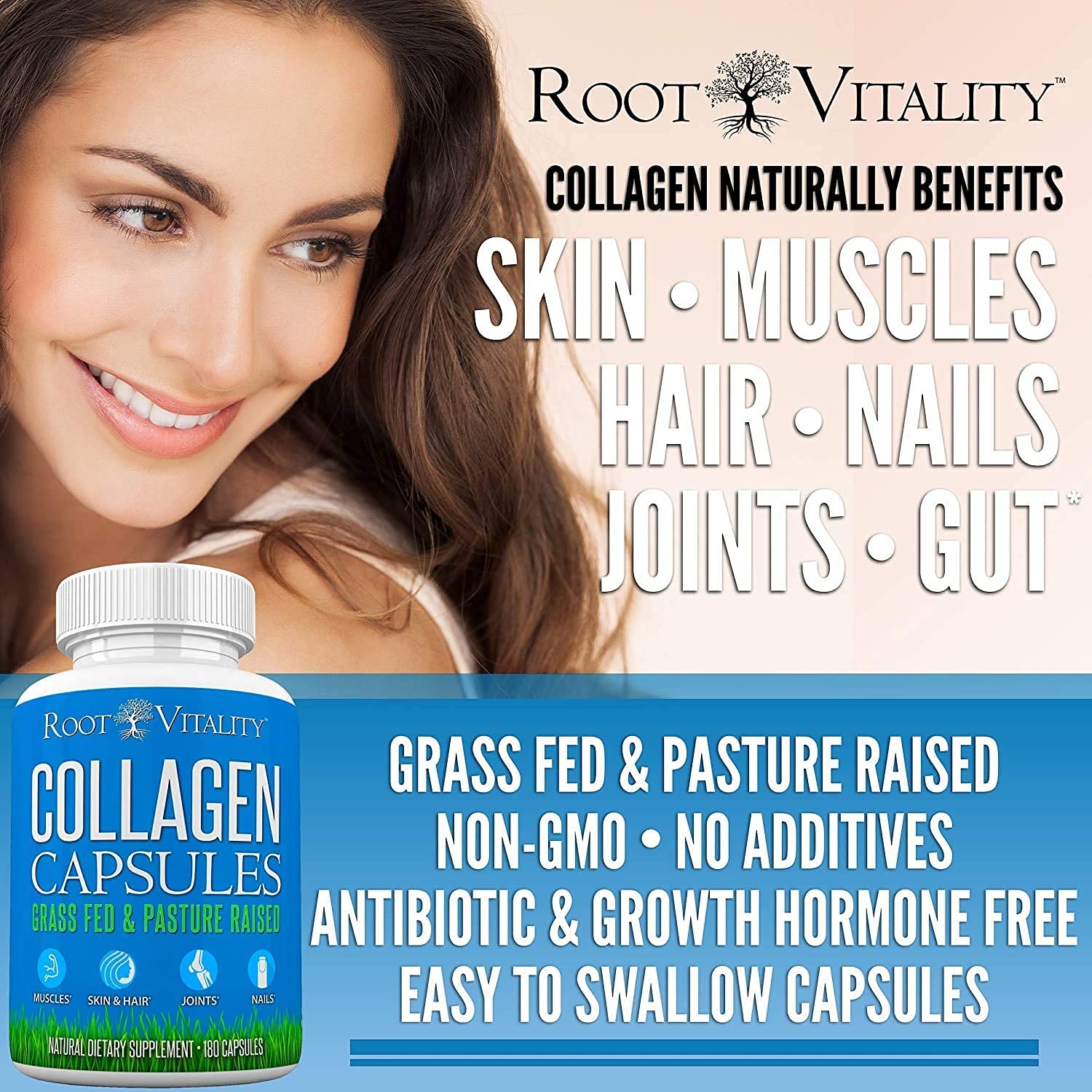 Root Vitality Collagen Peptides Capsules - Grass-Fed, Pasture-Raised Hydrolyzed Protein Supplement for Skin, Hair, & Nails - Non-GMO, Zero Sugar Daily Pills for Men & Women (180 Capsules) Root Vitality Au supplements