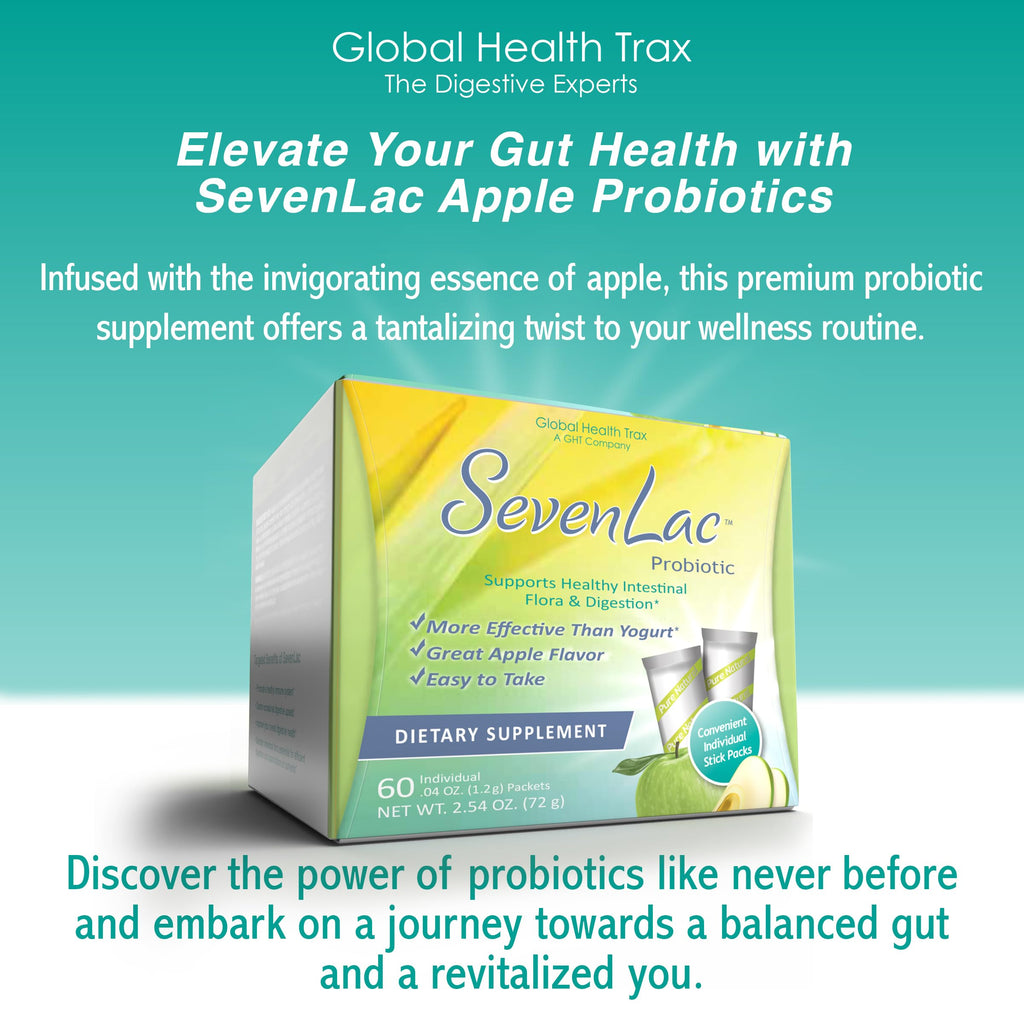 Global Health Trax SevenLac Apple Probiotic Powder Drink Mix, Probiotics for Women, Men, and Kids – Smooth Digestive Support - Relieves Constipation and Gas – 60 Packets, 2.54 Oz, Non-GMO, Gluten-Free ght Global Health Trax Au supplements