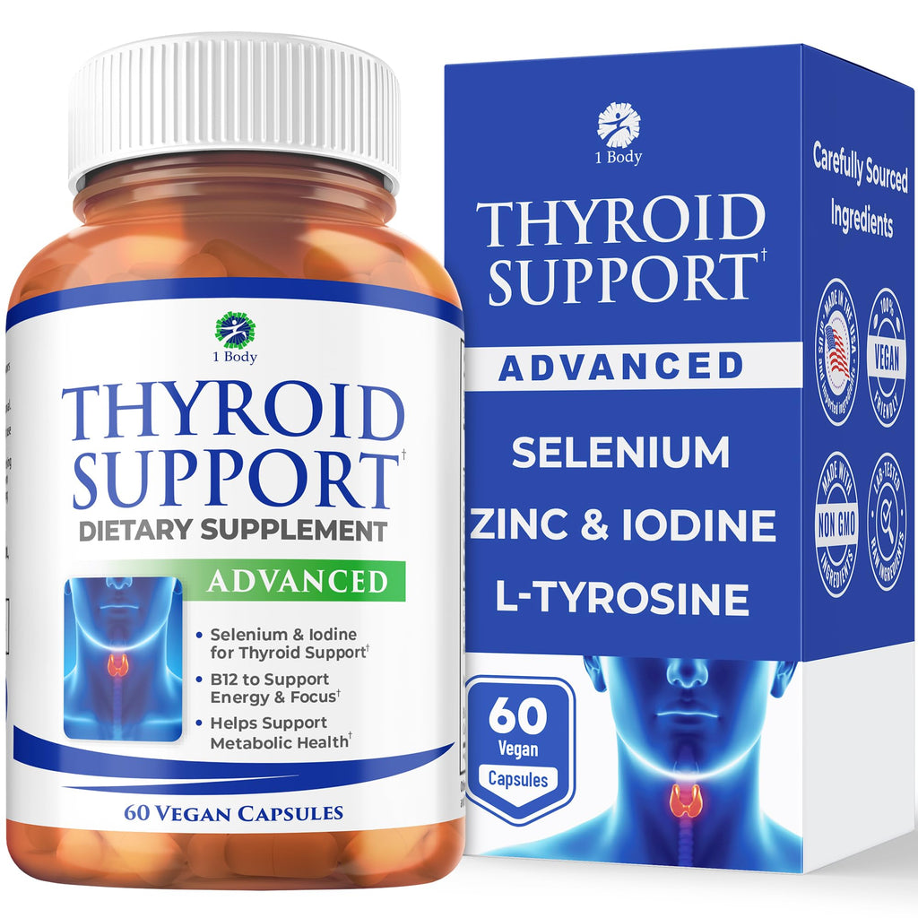 1 Body Thyroid Support Supplement for Women and Men, Selenium with Iodine, Zinc, B12, Ashwagandha and L-Tyrosine, Supports Hormone Health, Energy and Metabolism, 30 Day Supply 1 Body Au supplements