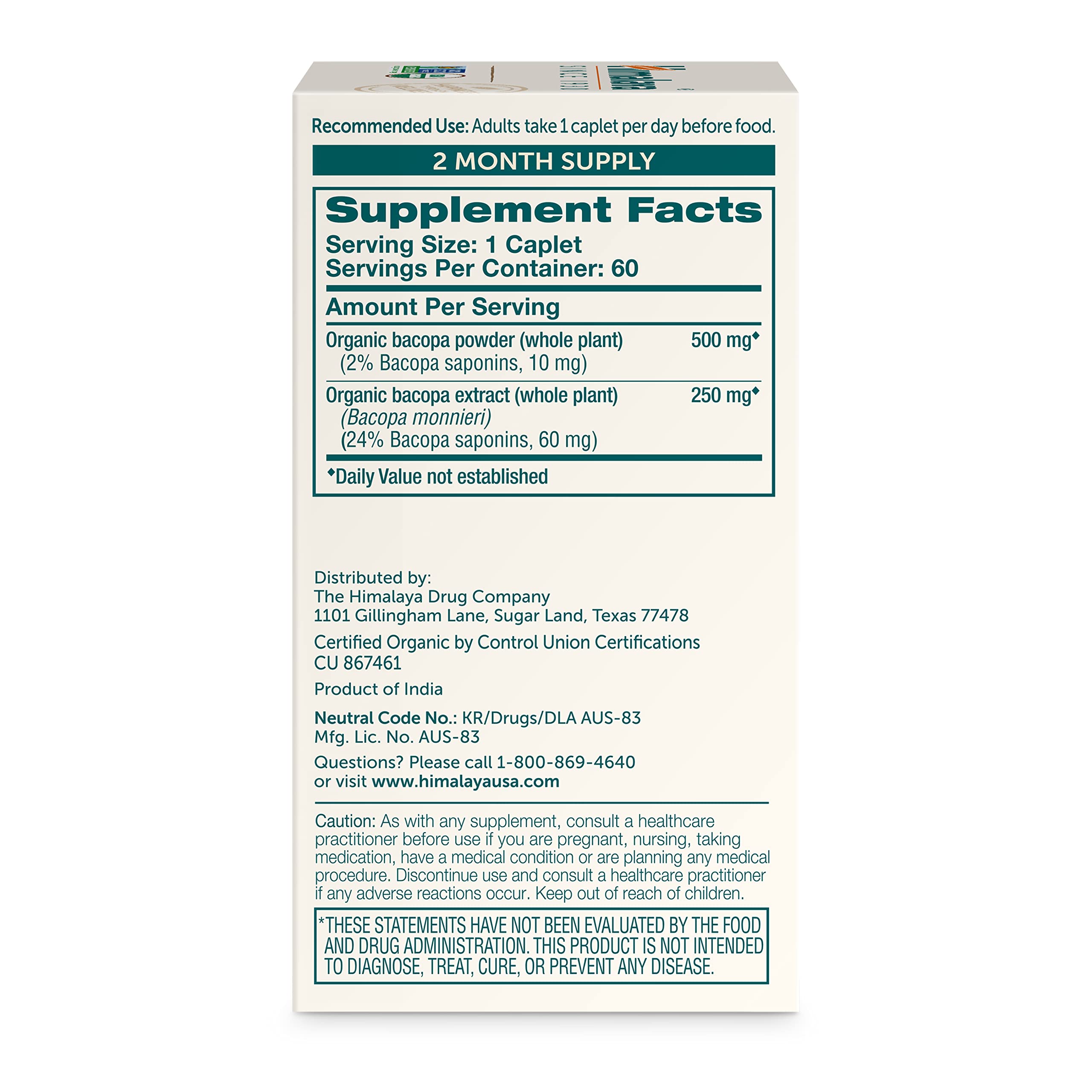 Himalaya Organic Bacopa Monnieri Nootropic Herbal Supplement, Supports Calm, Memory, Cognition, USDA Certified Organic, Non-GMO, 750 mg
