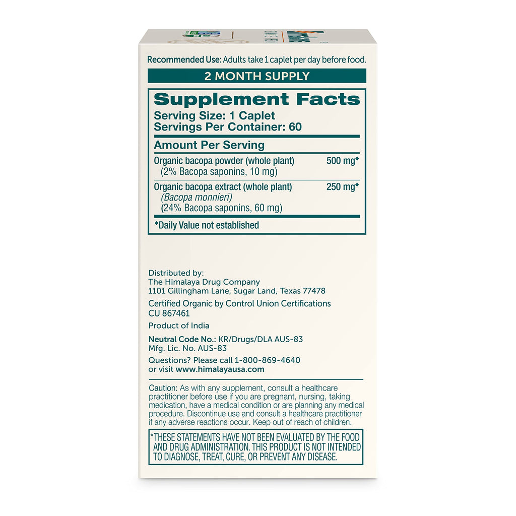 Himalaya Bacopa Monnieri Nootropic Herbal Supplement, Supports Calm, Memory, Cognition, USDA Certified Organic, Non-GMO, 750 mg, 60 Plant-Based Caplets, 60 Day Supply Himalaya Au supplements