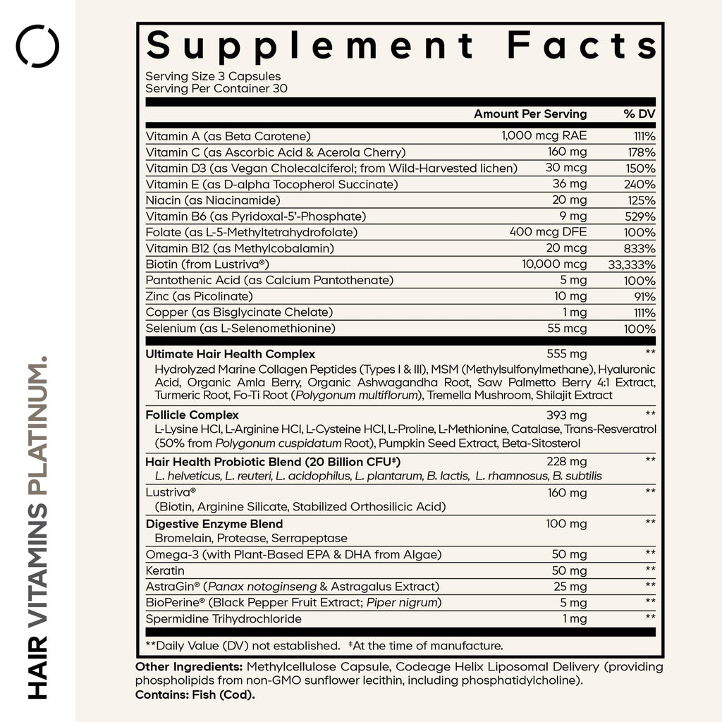 Codeage Hair Vitamins Platinum - Lustriva Hair Growth Support, Spermidine, AstraGin, Biotin, Keratin, Collagen, Enzymes, Omega-3, Multivitamins, Probiotics – Healthy Hair Supplement - 90 Capsules Codeage Au supplements