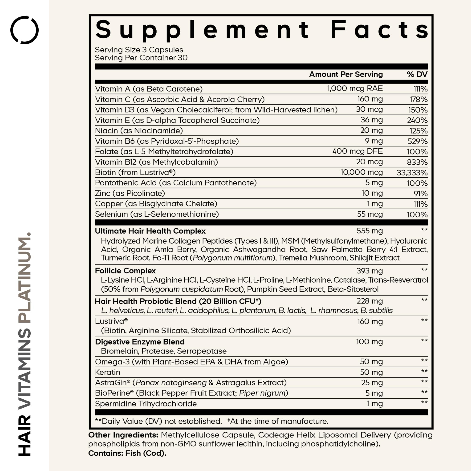 Codeage Hair Vitamins Platinum - Lustriva Hair Growth Support, Spermidine, AstraGin, Biotin, Keratin, Collagen, Enzymes, Omega-3, Multivitamins, Probiotics – Healthy Hair Supplement - 90 Capsules Codeage Au supplements