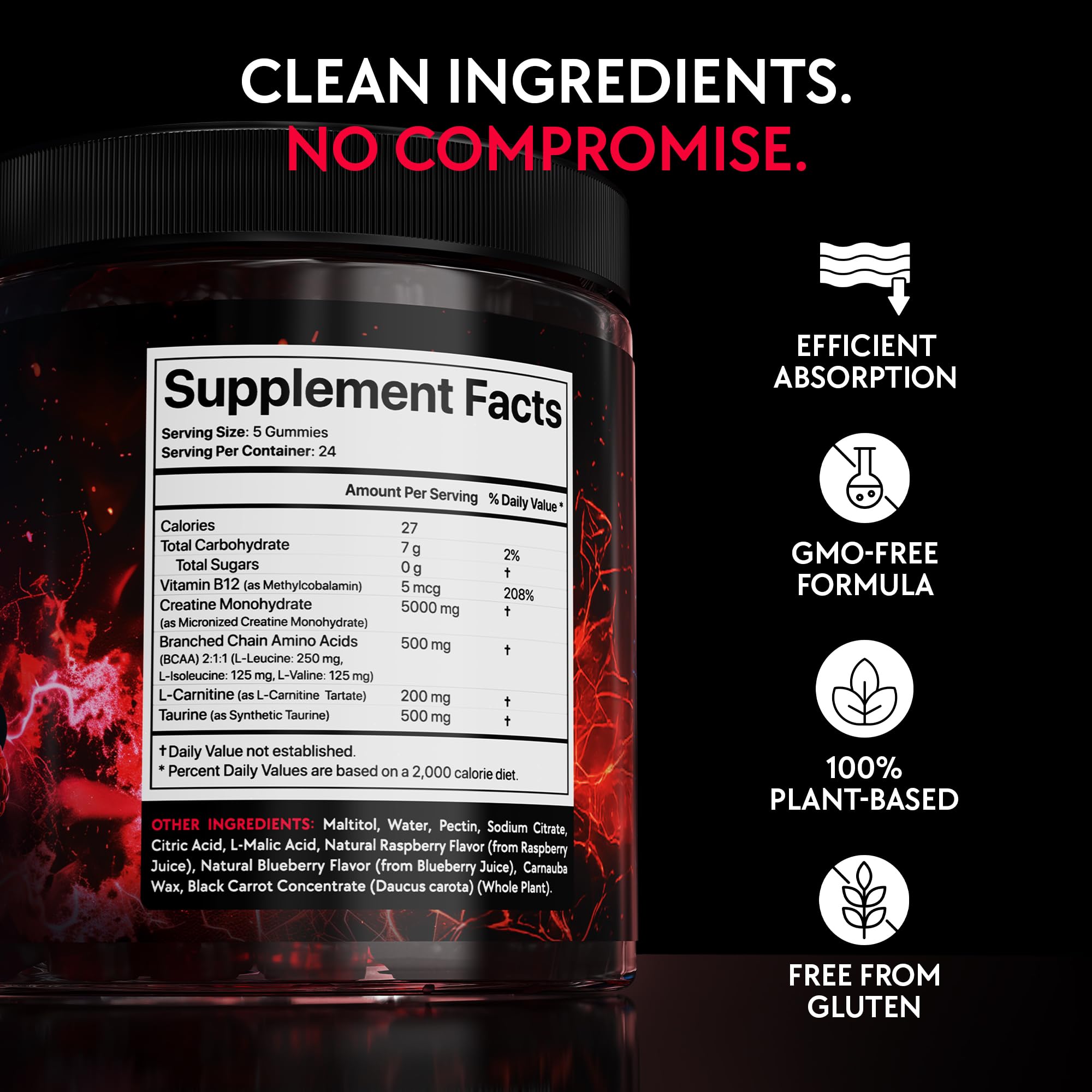 Creatine Monohydrate Gummies Complex 5000 MG for Men & Women, Preworkout Gummy with BCAA, L-Carnitine, Taurine & Vitamin B12 for Muscle Growth,