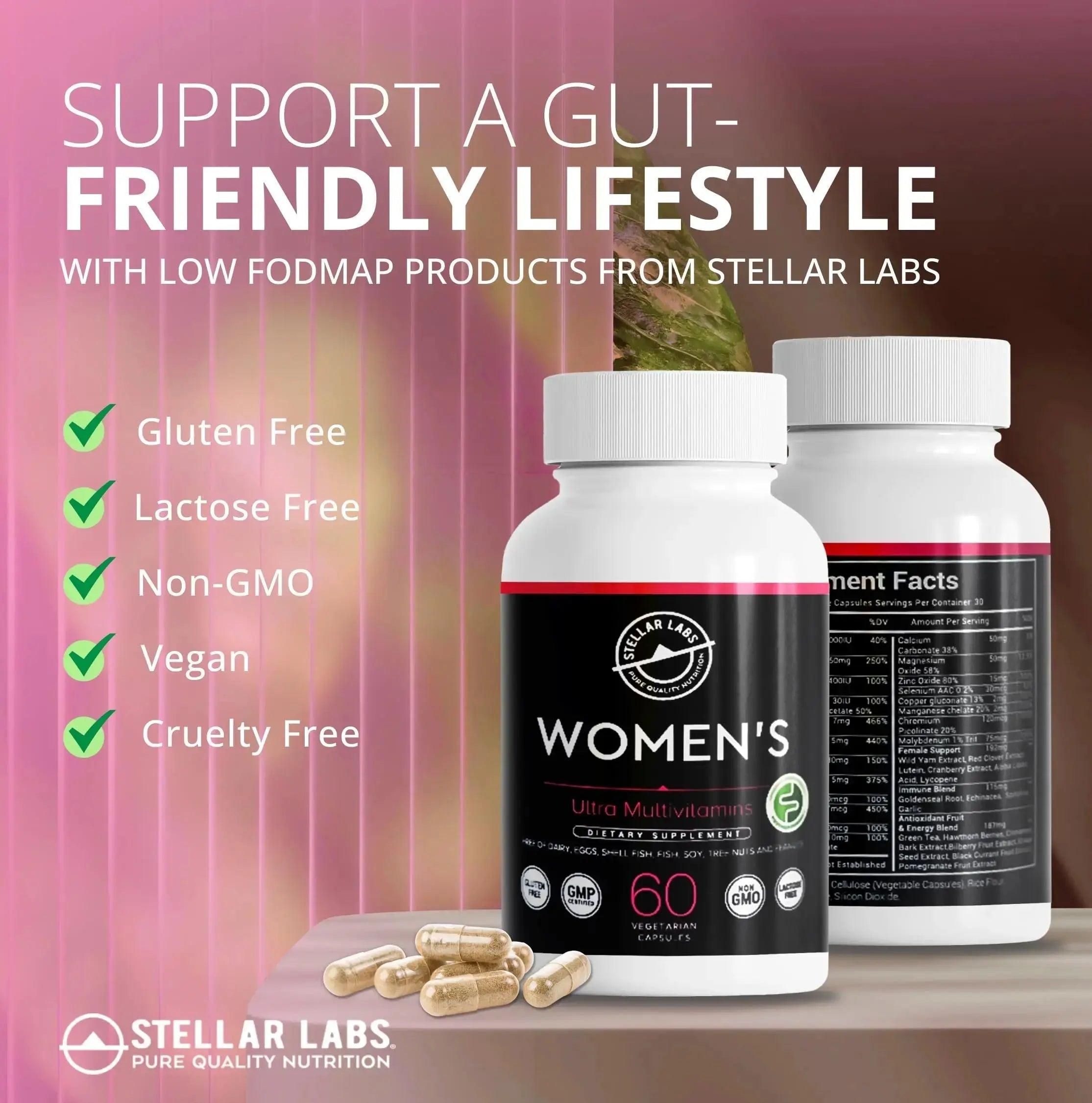 Stellar Labs Low FODMAP Vegan Women's Ultra Multi-Vitamin | Easy to Digest Daily Multivitamin Without Iron | Low Energy Supplement, Female Support | Stellar Labs Au supplements