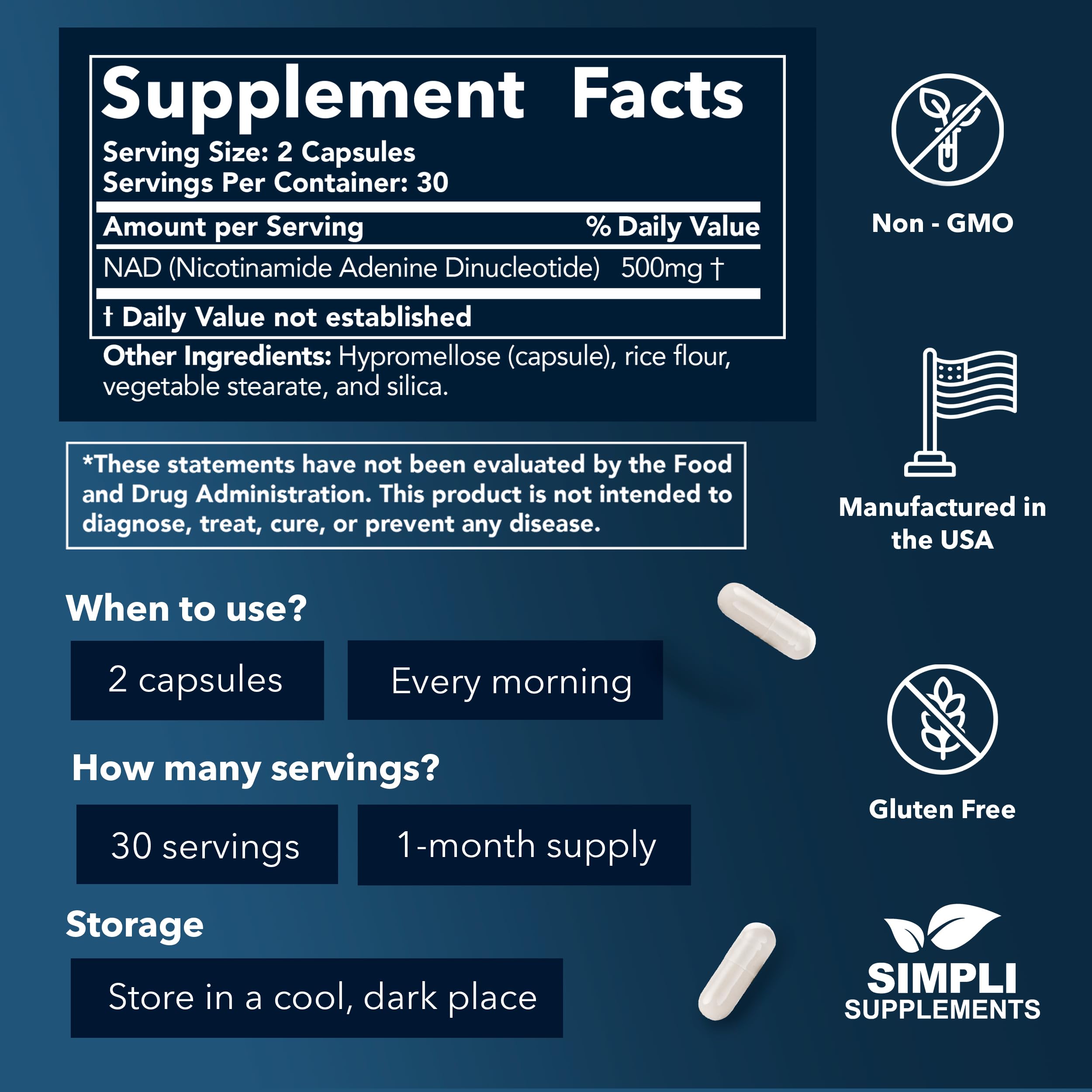 NAD Supplement for Anti-Aging and Cell Regeneration | NAD Booster 500mg Per Serving | NMN Supplement Alternative | Similar to Nicotinamide Riboside | 60 Capsules (30 Day Supply) Simpli Supplements Au supplements