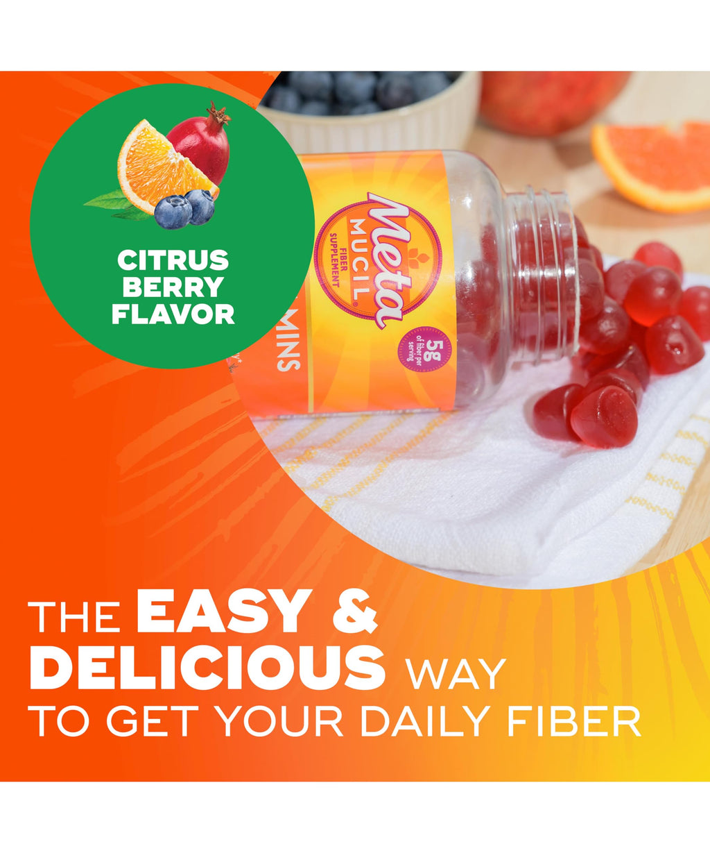 Metamucil Fiber Gummies for Adults with Vitamins C, D, B12 for Metabolism, No Sugar Added Citrus Berry Flavor, 5g Plant Based Prebiotic
