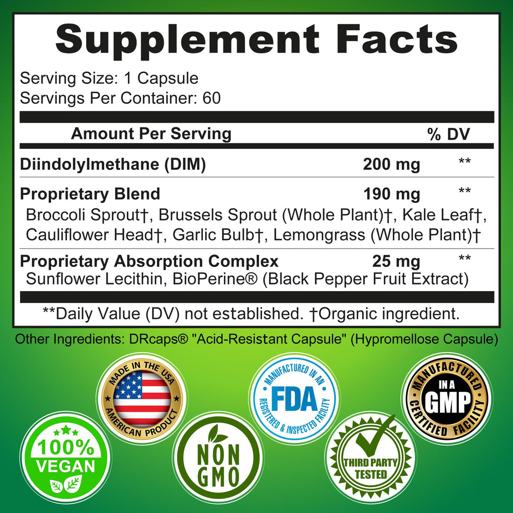 Optimal DIM 200mg Supplement for Women and Men - Made with Organic Whole Foods - Estrogen & Hormone Balance Support Diindolylmethane Complex - Maximum Absorption Delayed-Release Capsules - 60 Count SUPPLEMENTS STUDIO Au supplements