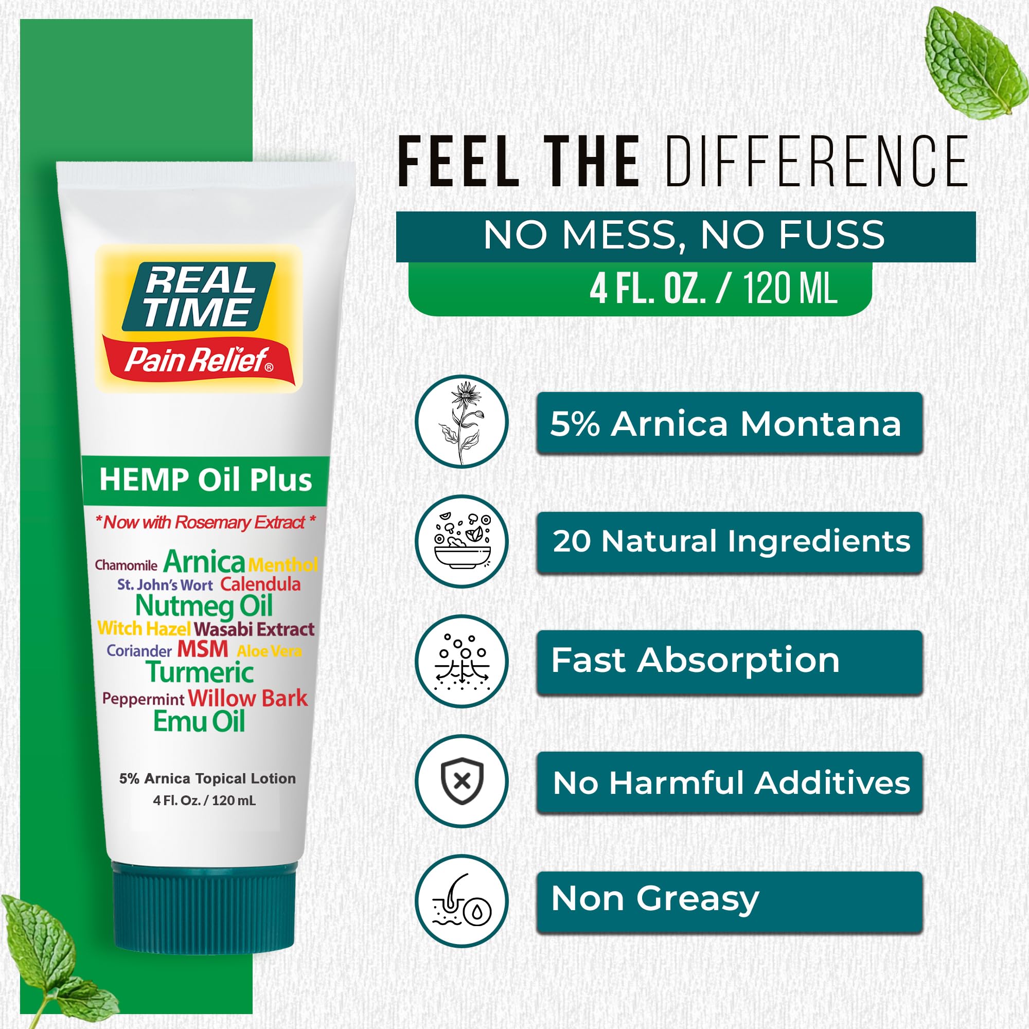 Real Time Pain Relief Hemp Oil Plus 4oz Tube | 20 Natural Ingredients: 5% Arnica & Turmeric | Fast Absorbing Lotion for Muscles, Hands, Feet, Ankles, Back, Shoulders, Knees & Joints Discomfort Real Time Pain Relief Au supplements