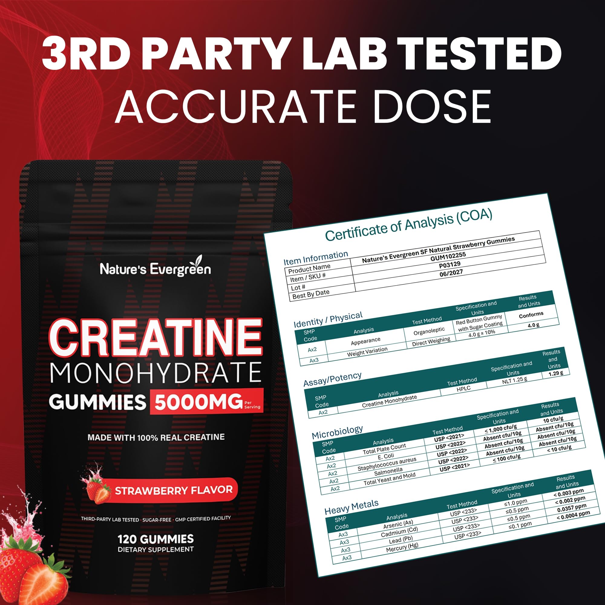 Creatine Monohydrate 5000mg Gummies, Pre-Workout 5g Creatine Gummy Supplement for Men & Women: Muscle Builder & Energy Boost, Sugar Free, Vegan, Strawberry Flavor, (120 Count) Made in USA Nature's Evergreen Au supplements