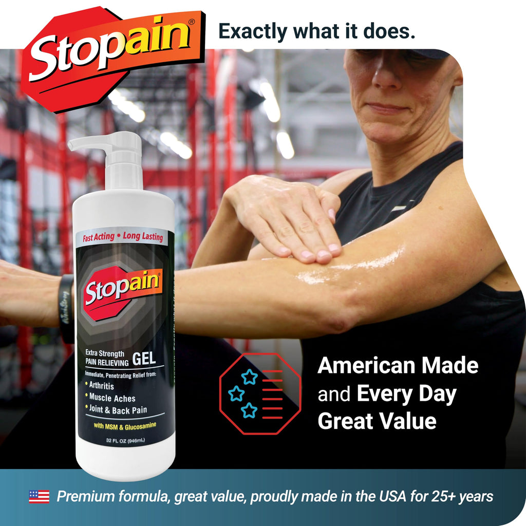 Stopain Pain Relief Gel 32oz, USA Made, Max Strength Fast Acting with Menthol, MSM, Glucosamine for Joint Pain, Back Pain, Arthritis, Knee, Neck Pain, HSA FSA Approved OTC Topical Analgesic Product Stopain Au supplements