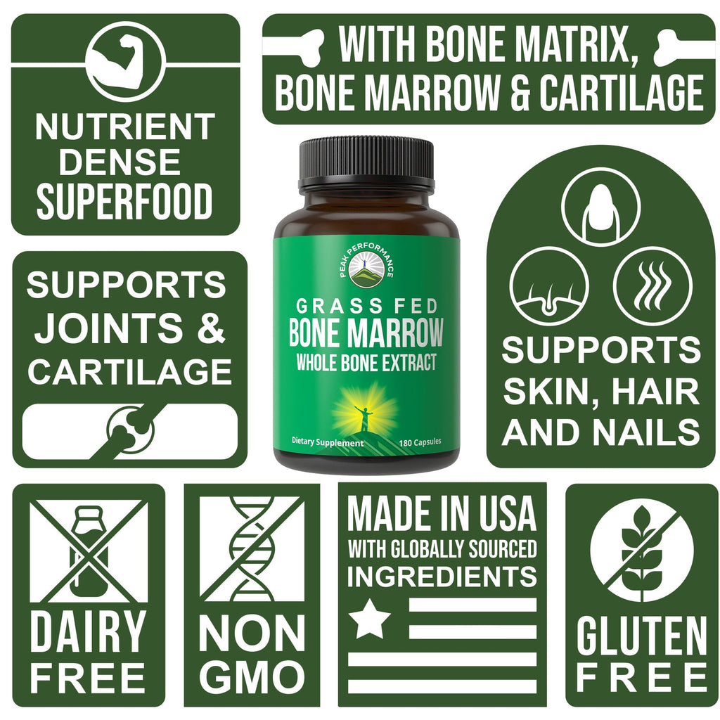 Peak Performance Grass Fed Bone Marrow - Whole Bone Extract Supplement 180 Capsules. Superfood Pills Rich in Collagen, Vitamins, and Amino Acids. from Matrix, Marrow, Cartilage. Ancestral Tablets Peak Performance Au supplements