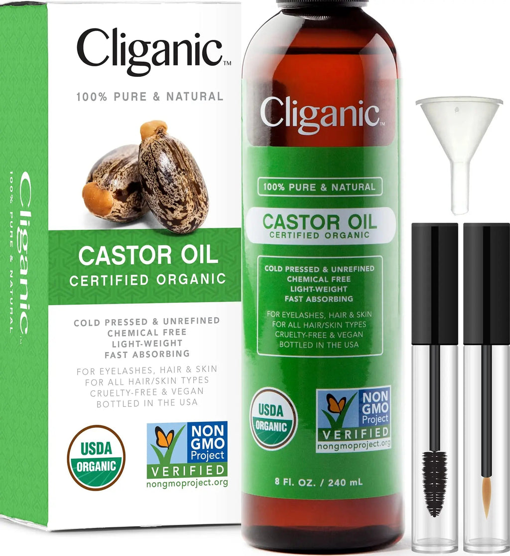 Cliganic USDA Organic Castor Oil, 100% Pure (8oz with Eyelash Kit) - For Eyelashes, Eyebrows, Hair & Skin Cliganic Au supplements