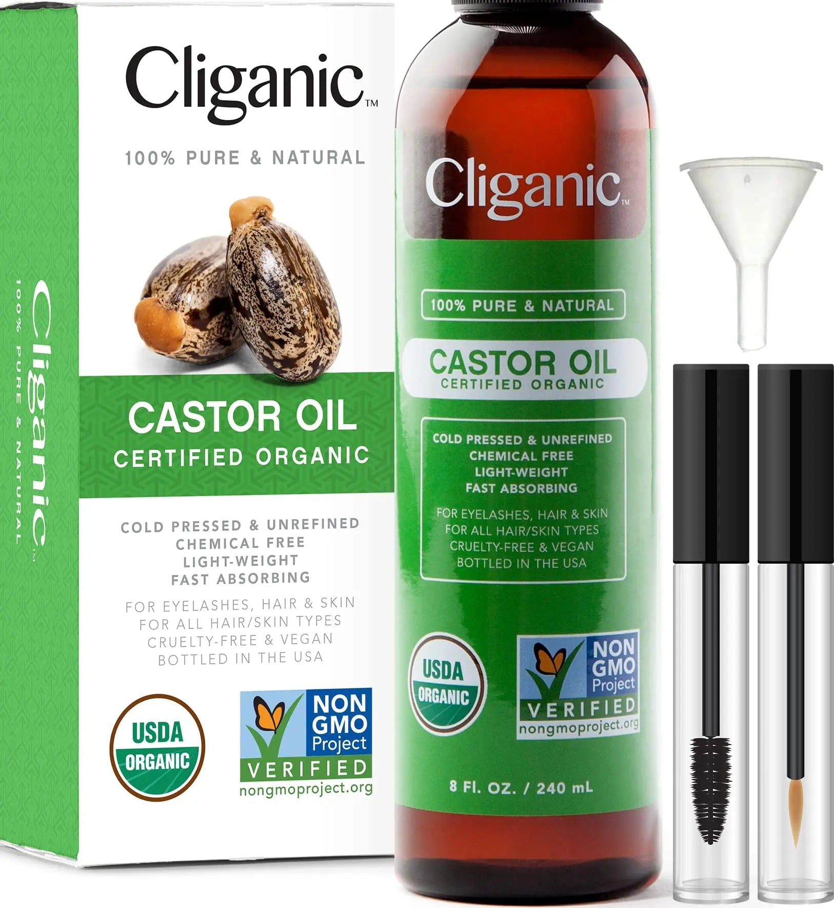 Cliganic USDA Organic Castor Oil, 100% Pure (8oz with Eyelash Kit) - For Eyelashes, Eyebrows, Hair & Skin Cliganic Au supplements