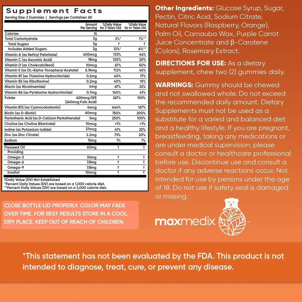 maxmedix Kids Multivitamin Gummies with Omega 3 6 9 | 2-Month Supply | 20 Essential Kids Vitamins & Minerals for Healthy Immune System | maxmedix Au supplements