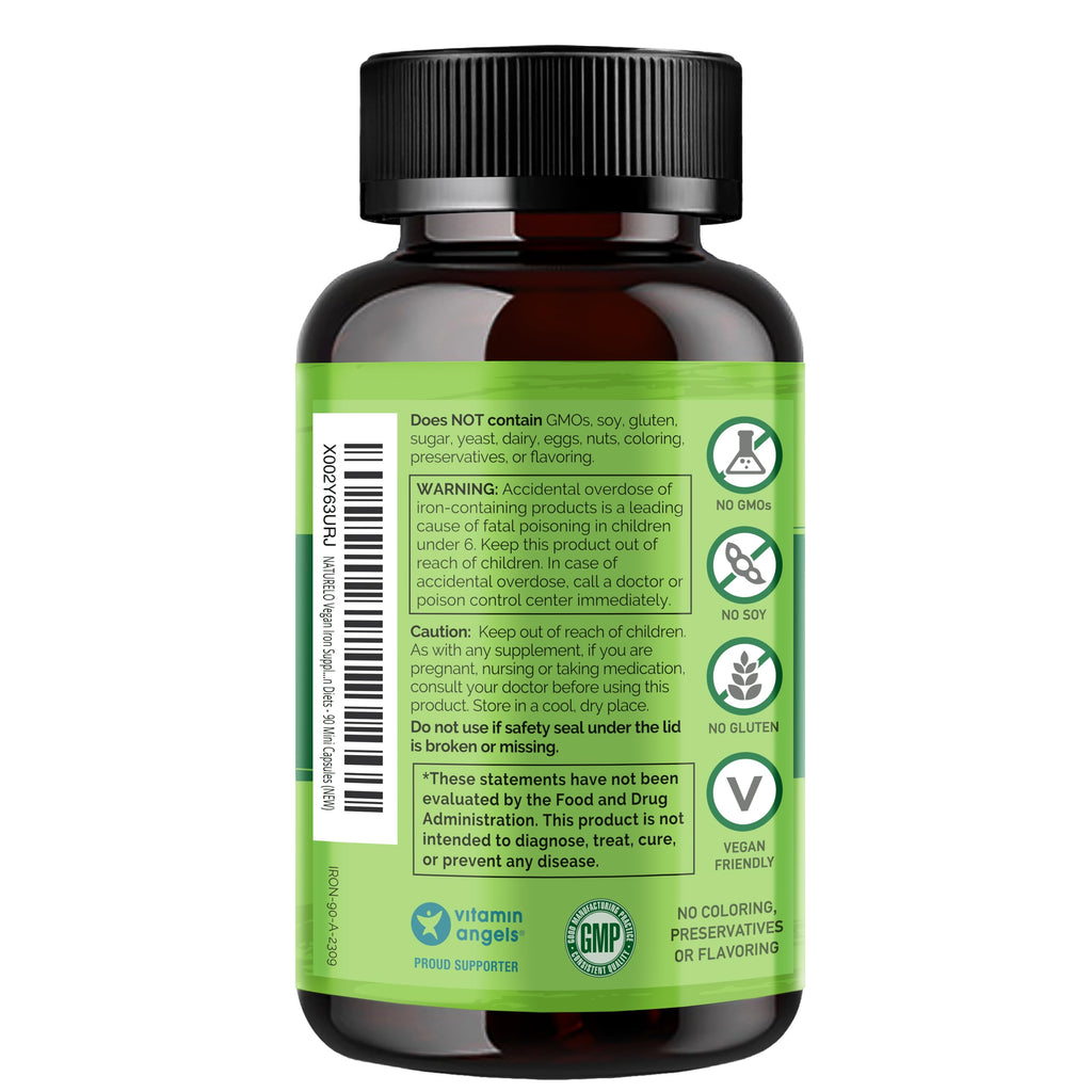 NATURELO Vegan Iron Supplement with Vitamin C and Organic Whole Foods - Gentle Iron Pills for Women & Men with Iron Deficiency Including Pregnancy