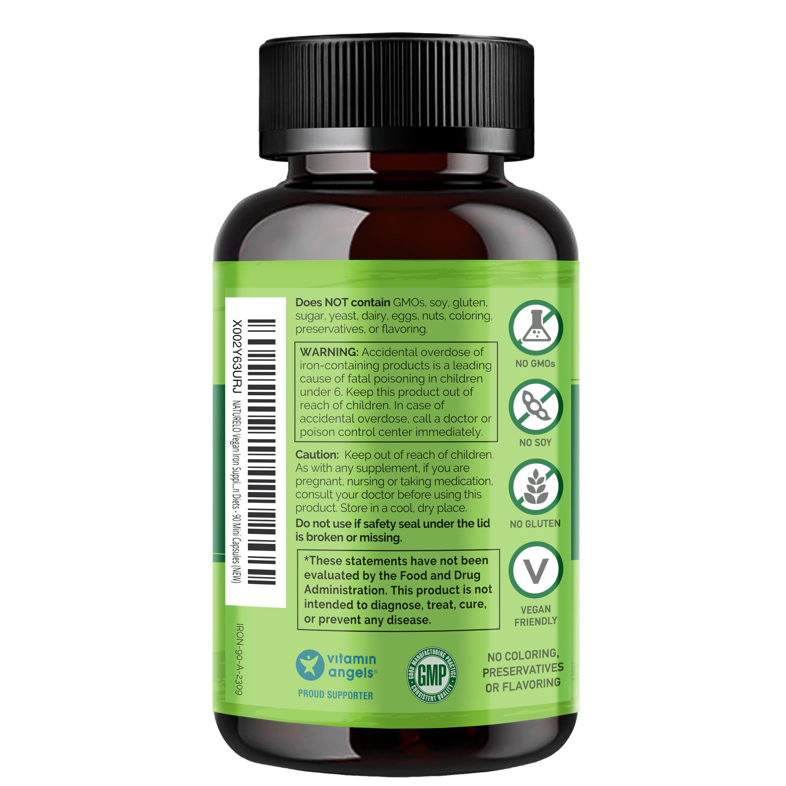 NATURELO Vegan Iron Supplement with Vitamin C and Organic Whole Foods - Gentle Iron Pills for Women & Men with Iron Deficiency Including Pregnancy