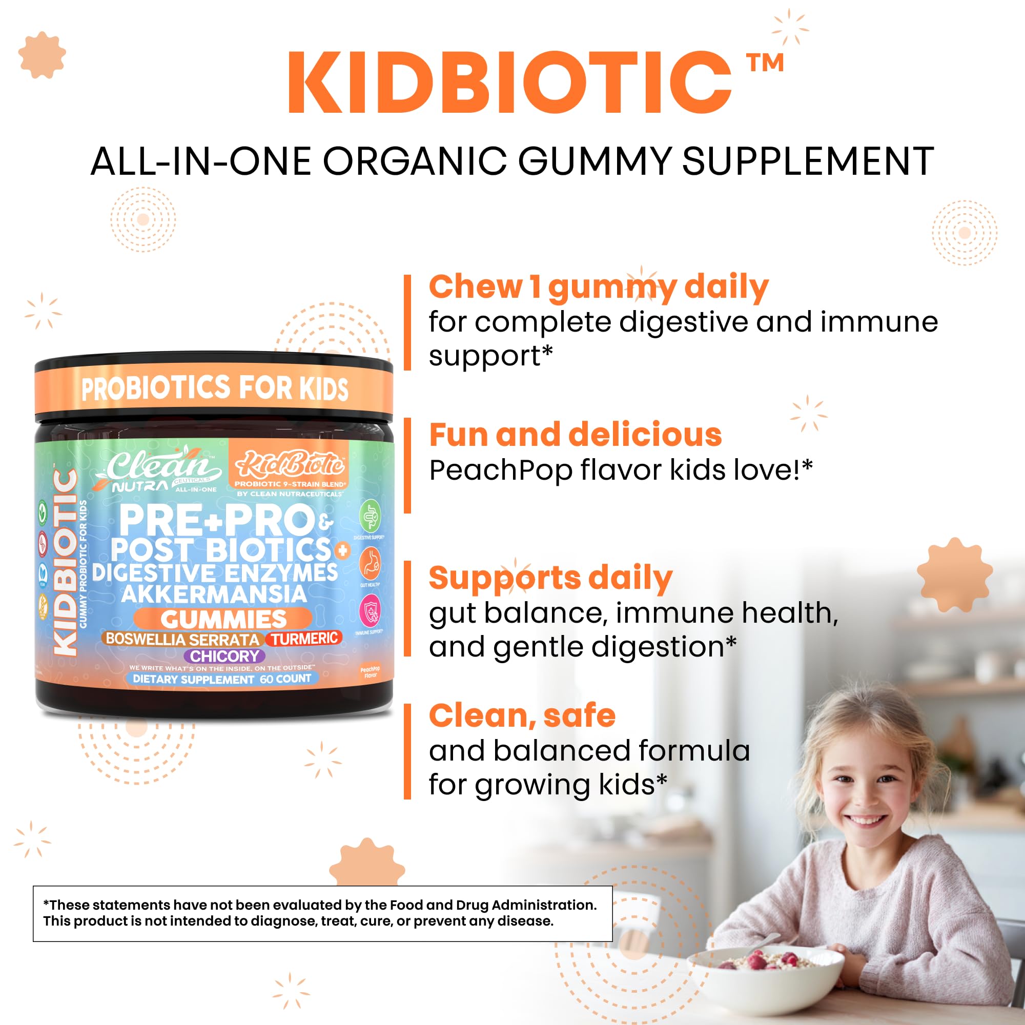 Clean Nutra Kids Probiotics Gummies with Prebiotics, Postbiotics, Digestive Enzymes, Akkermansia, Boswellia Serrata, Turmeric, Chicory – 60 Count – Plant-Based Supplement for Kids – PeachPop Flavor Clean Nutraceuticals Au supplements